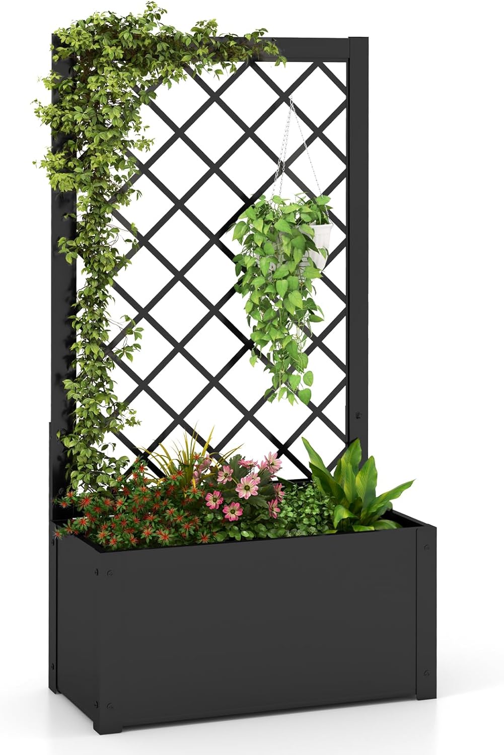 Donica z metalową kratką dla roślin pnących, podwyższona grządka ogrodowa odporna na warunki atmosferyczne, 63 x 31 x 112 cm, czarna