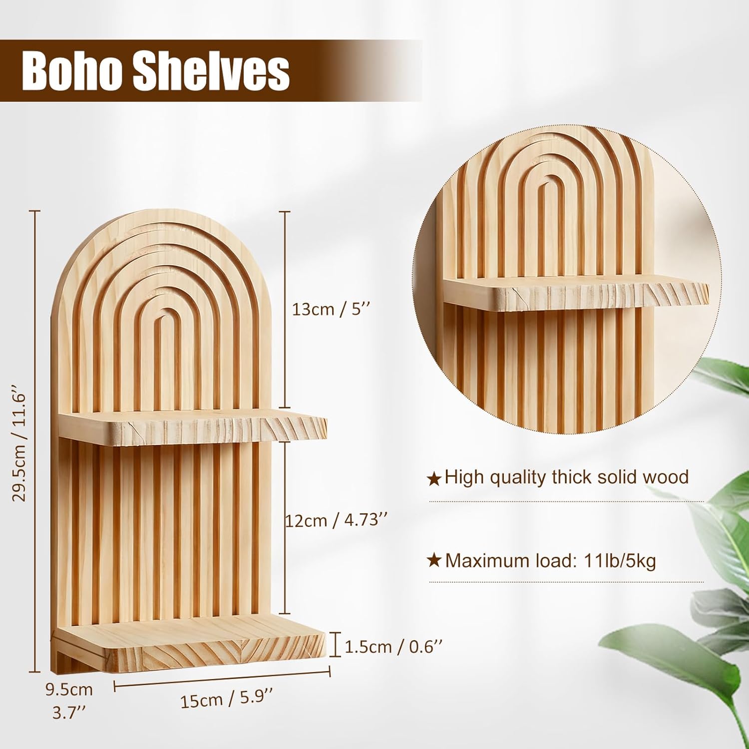 Lot de 2 étagères murales bohèmes - Étagère flottante à 2 niveaux massif, motif arc-en-ciel, faite main - Décoration murale pour bibelots，beige - 2