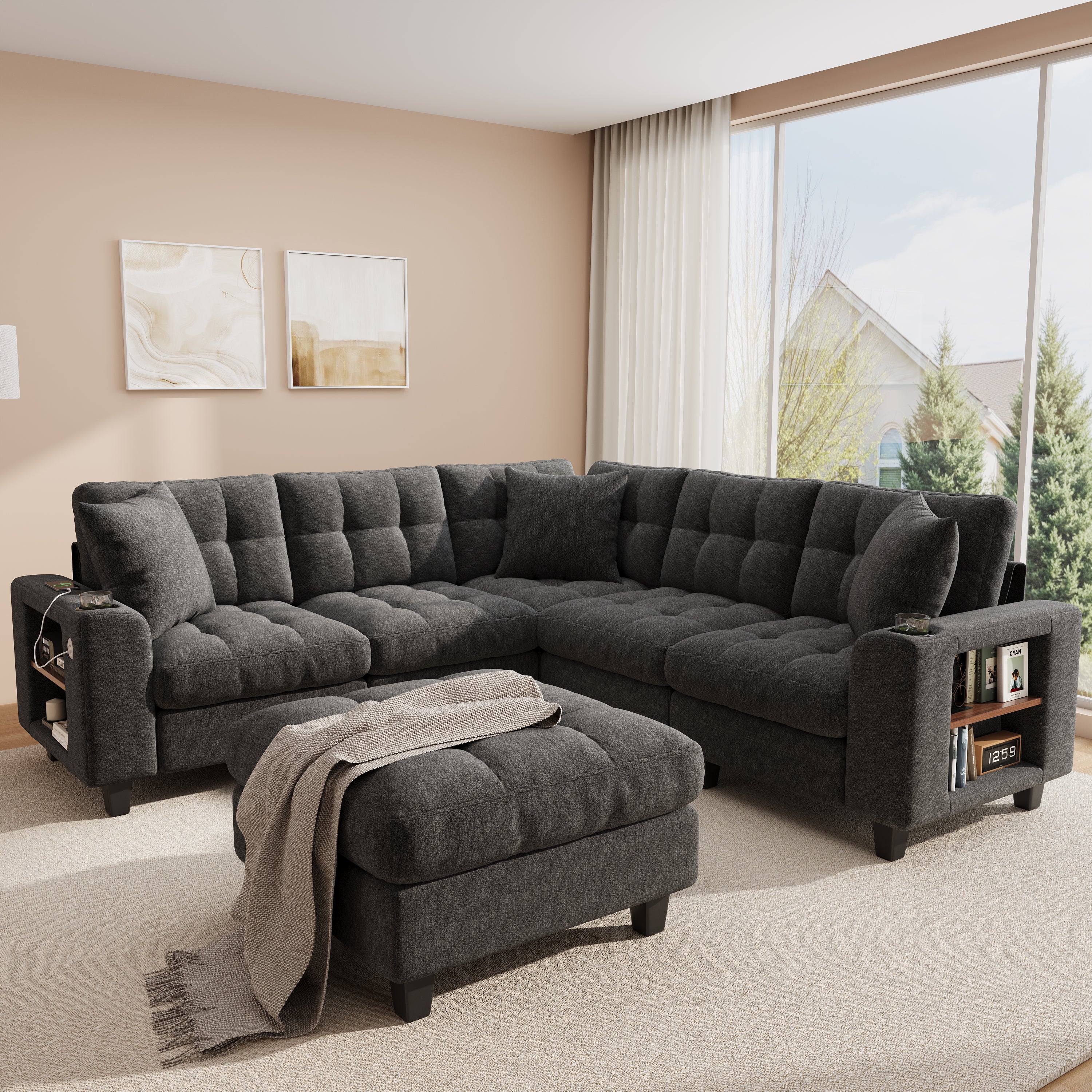 Canapé d'Angle XXL Modulaire en U, 6 Places en Chenille avec Accoudoirs Bibliothèque, Pouf Amovible, Porte-Gobelets et Ports USB/USB-C Intégrés, Gris - 4