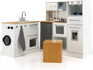 COSTWAY Cuisine Enfants Bois ,Jeux d’Imitation Cuisinière avec Machine à Laver, Sons et Lumière Réels,Tabouret,Cafetière,Distributeur d'eau, Blanc