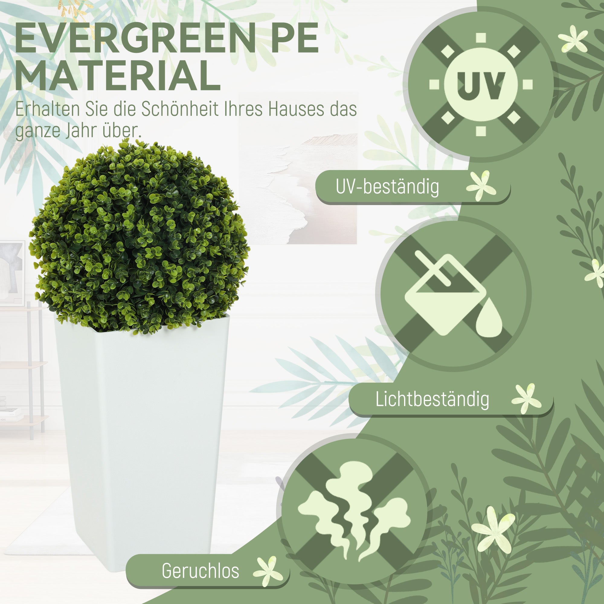 Lot de 2 boules d'eucalyptus artificielles, 65 cm de hauteur, avec protection UV. 330 feuilles par pot. Vert. - 5
