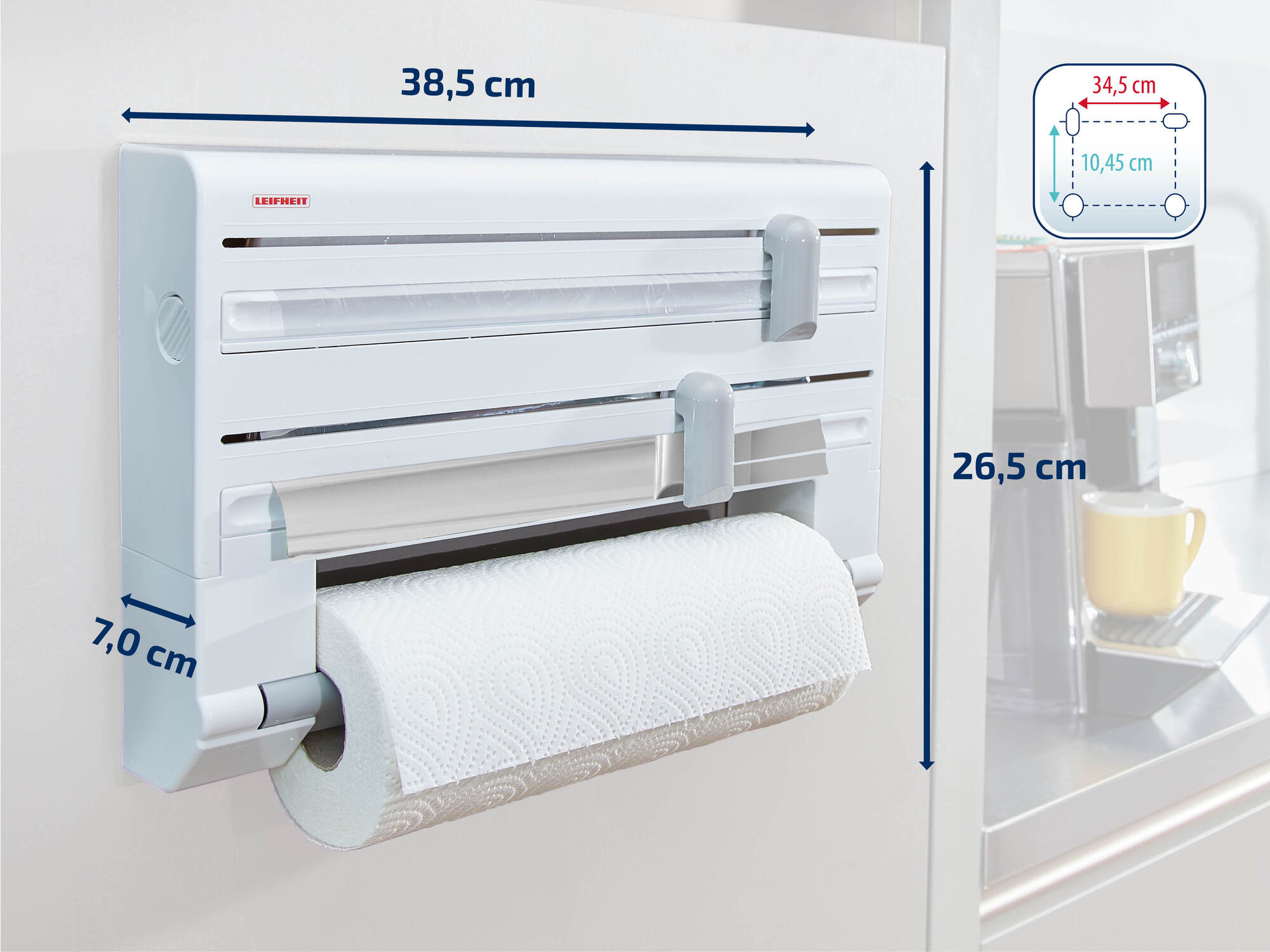 Dérouleur mural Parat ComfortLine 25703 Leifheit, dérouleur mural cuisine pour 3 rouleaux, dévidoir papier avec lames tranchantes - 7