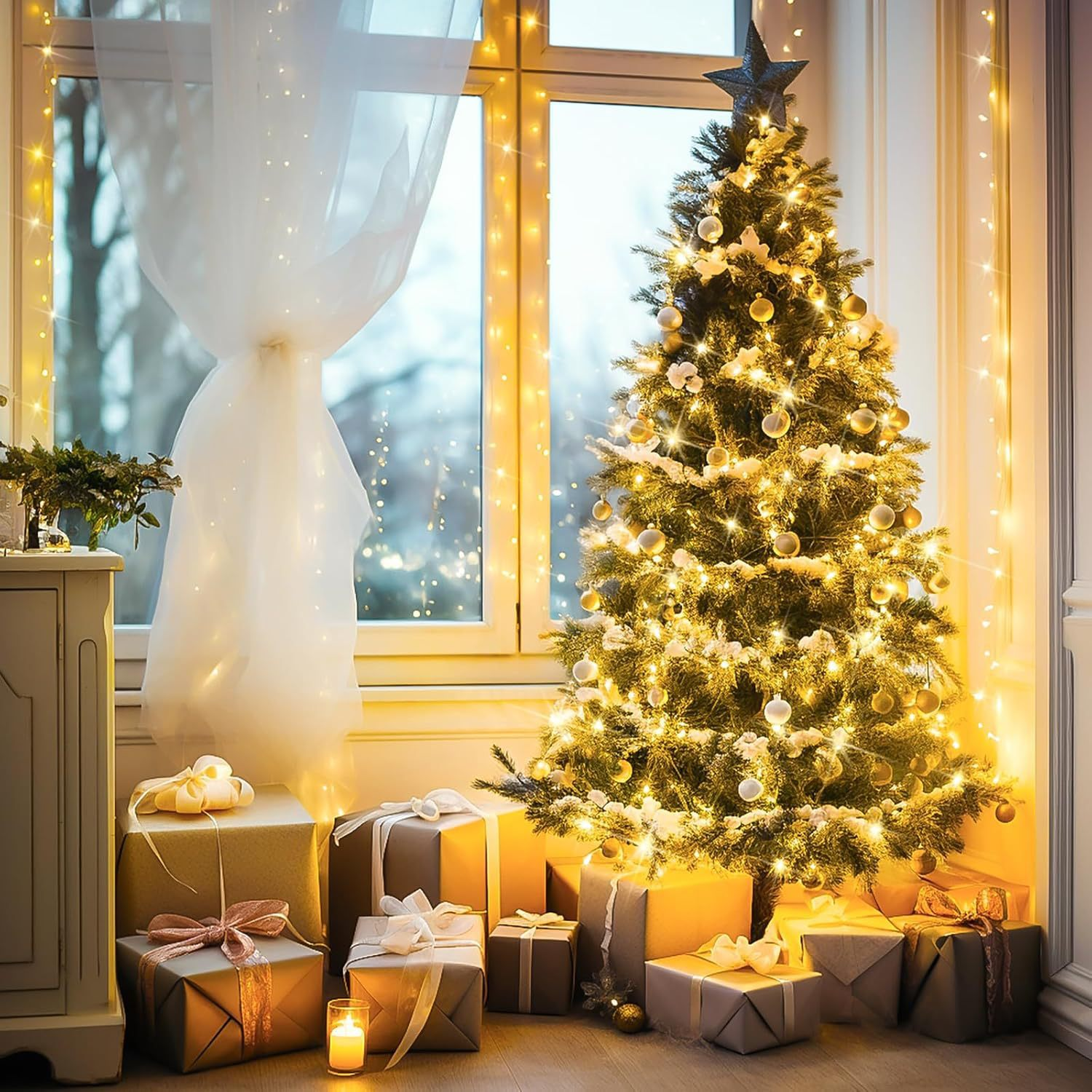 Guirnalda de luces LED navideñas para interior y exterior, 10 m - 80 LED, Luces para árbol de Navidad, funciona con pilas, resistente al agua, 8 modos - 9
