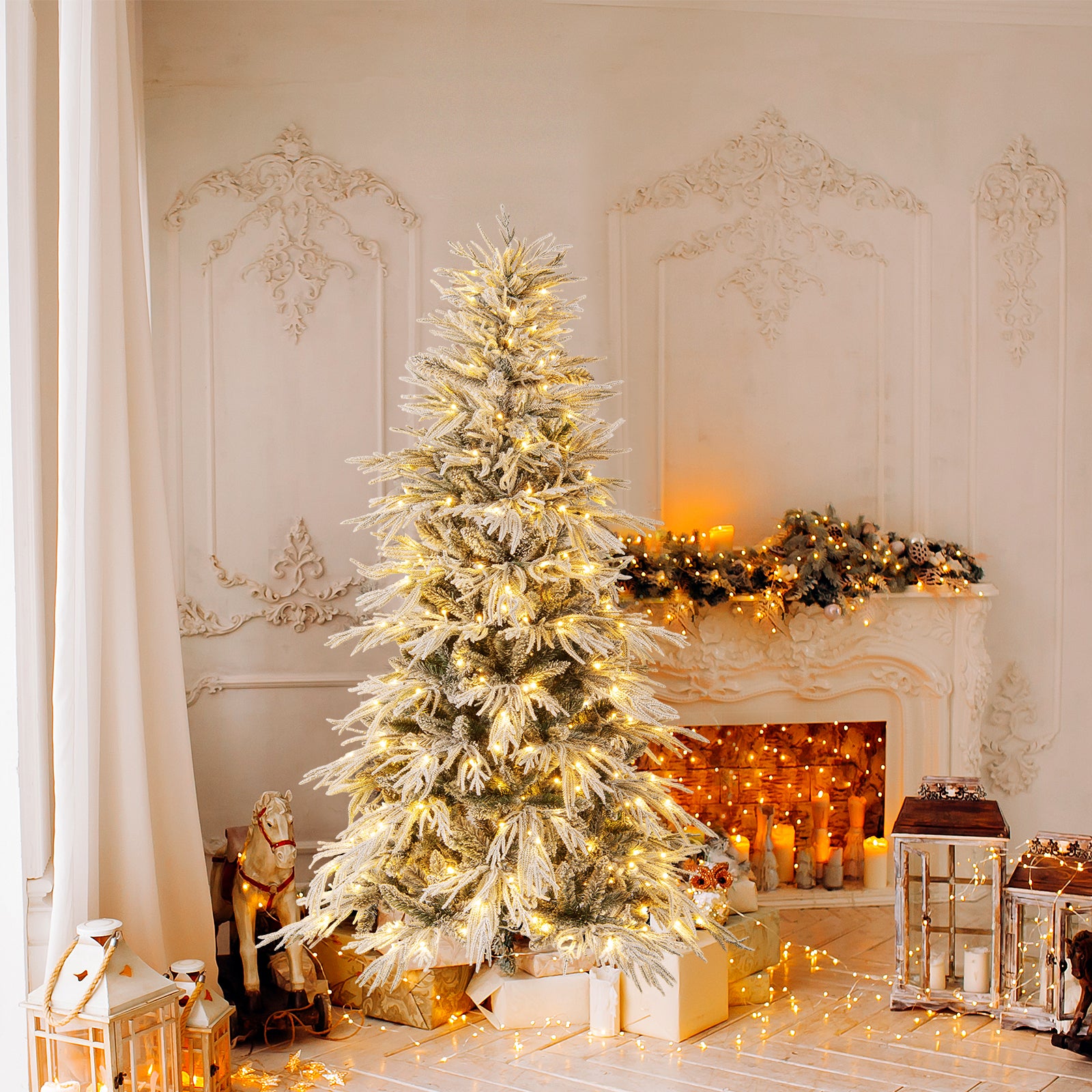Sapin De Noël Artificiel Pré-éclairé 210 Cm - 400 LED Blanc Chaud - Montage Rapide En 3 Min - 1200 Branches PVC Réaliste