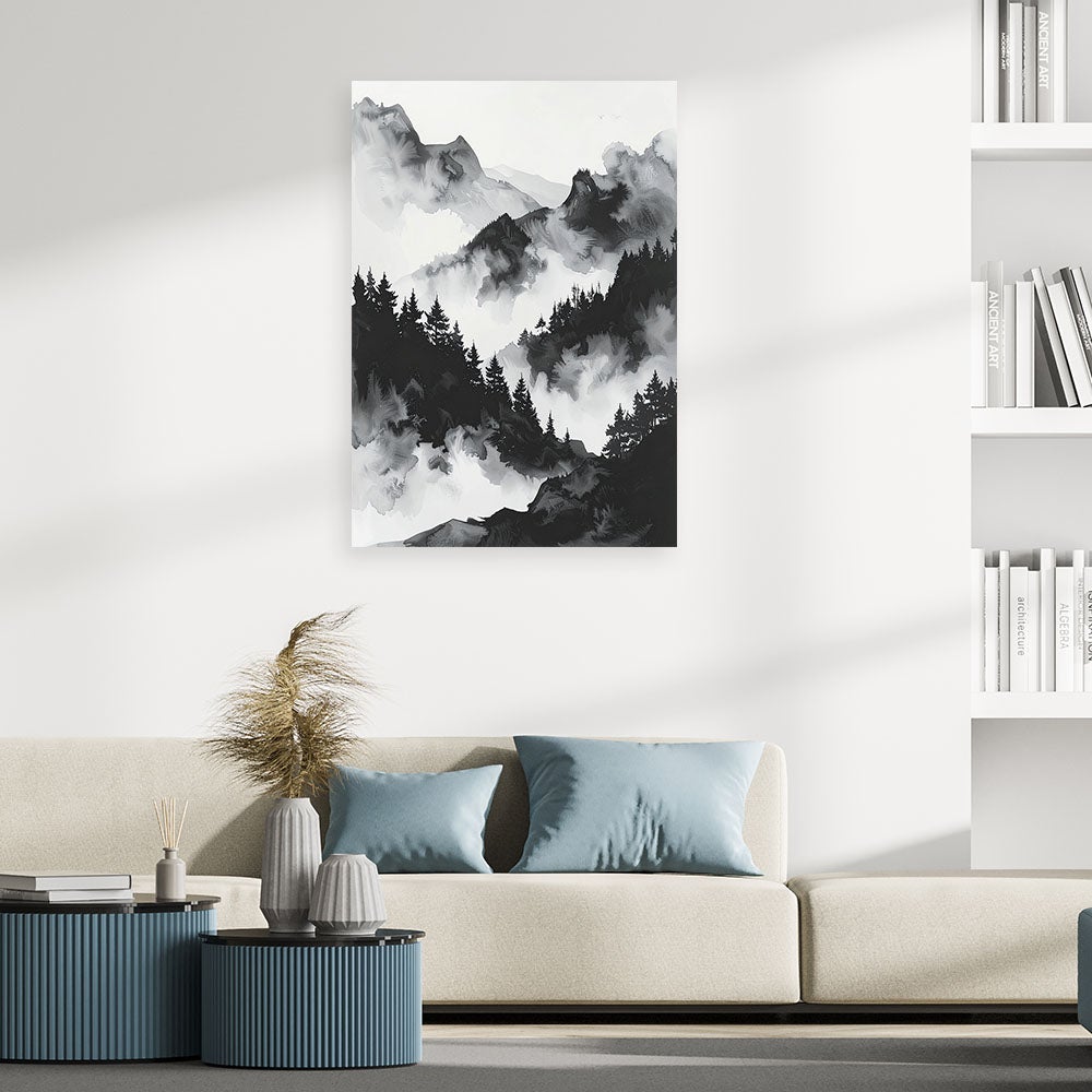 Obraz skandynawski dekoracja do salonu sypialni biura i loftu, Góry we mgle 60x90 - 2