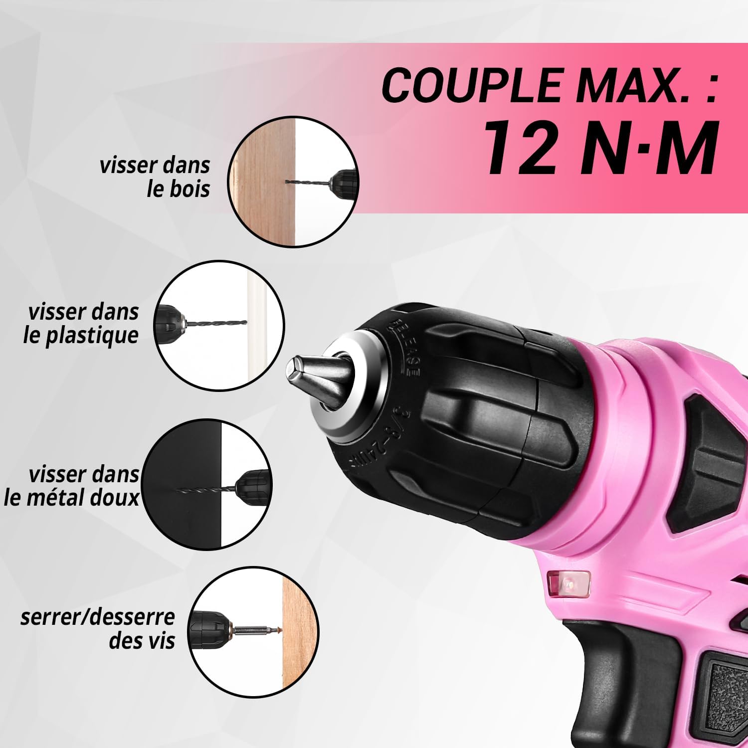 Malette d'outils complète rose 126 pièces, avec perceuse-visseuse sans fil 8V - Idéale pour la réparation et l'entretien à la maison. - 5