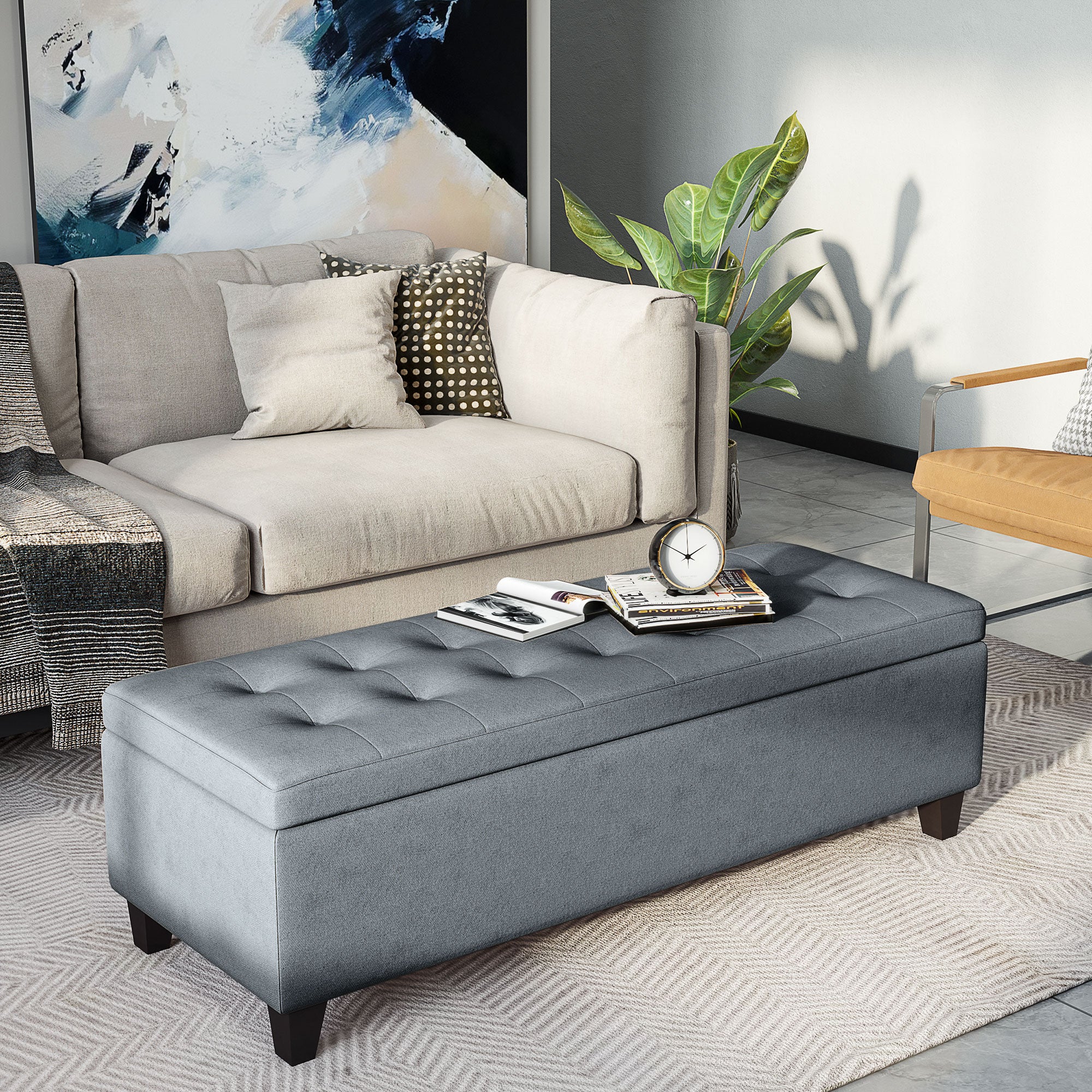 Banc avec rangement, banquette rembourrée aspect lin, pieds en bois, banc-lit moderne pour entrée, chambre et salon, 138 x 40 x 45 cm, gris foncé - 2