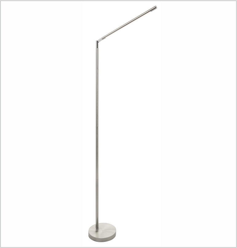 Ściemnialna lampa podłogowa LED 6 W. Nowoczesna, elegancka i prosta. Wykończenie w matowym niklu. Regulowana i obrotowa.