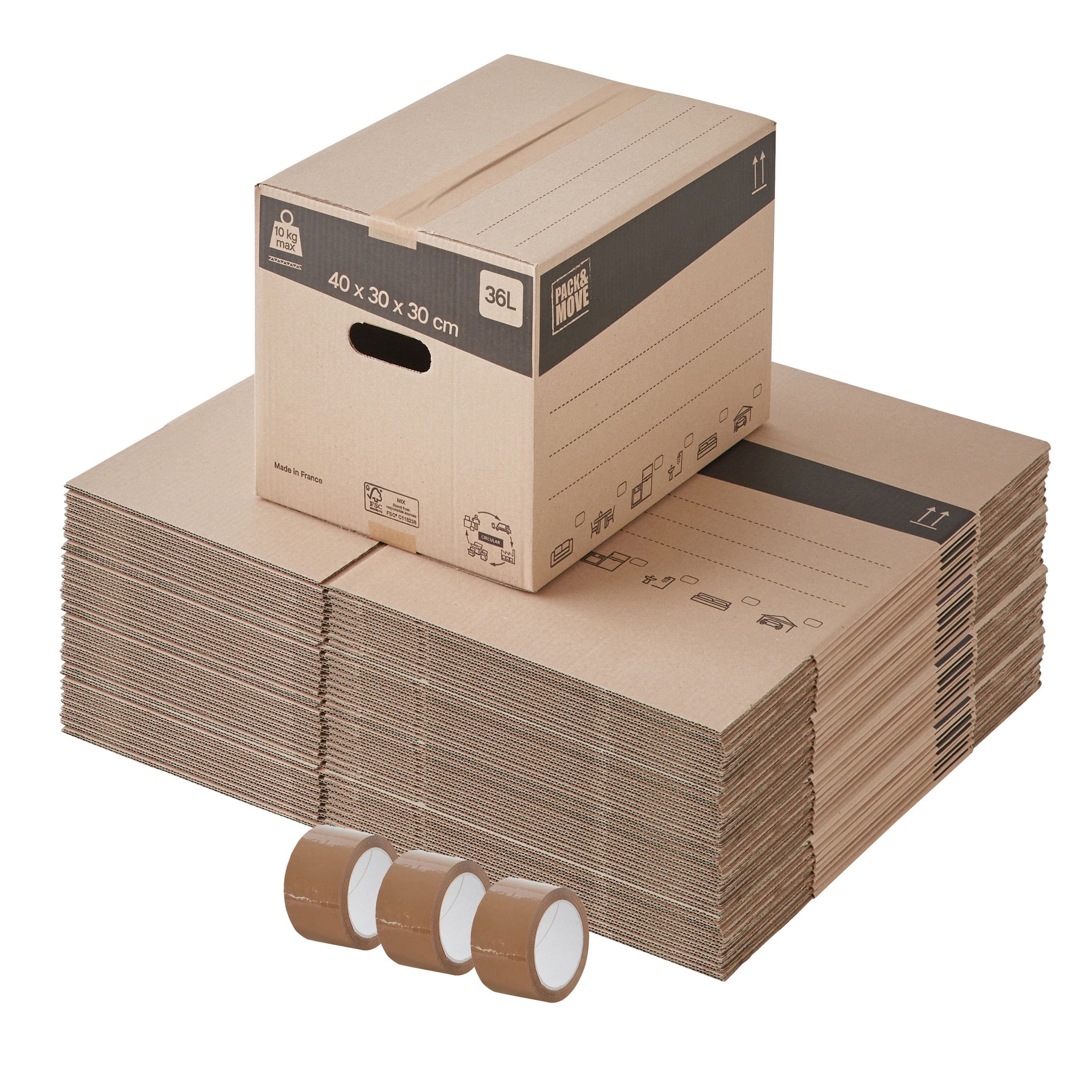 20 Cartons Déménagement Pack And Move 40x30x30 Cm - Poignées Renforcées + Adhésif