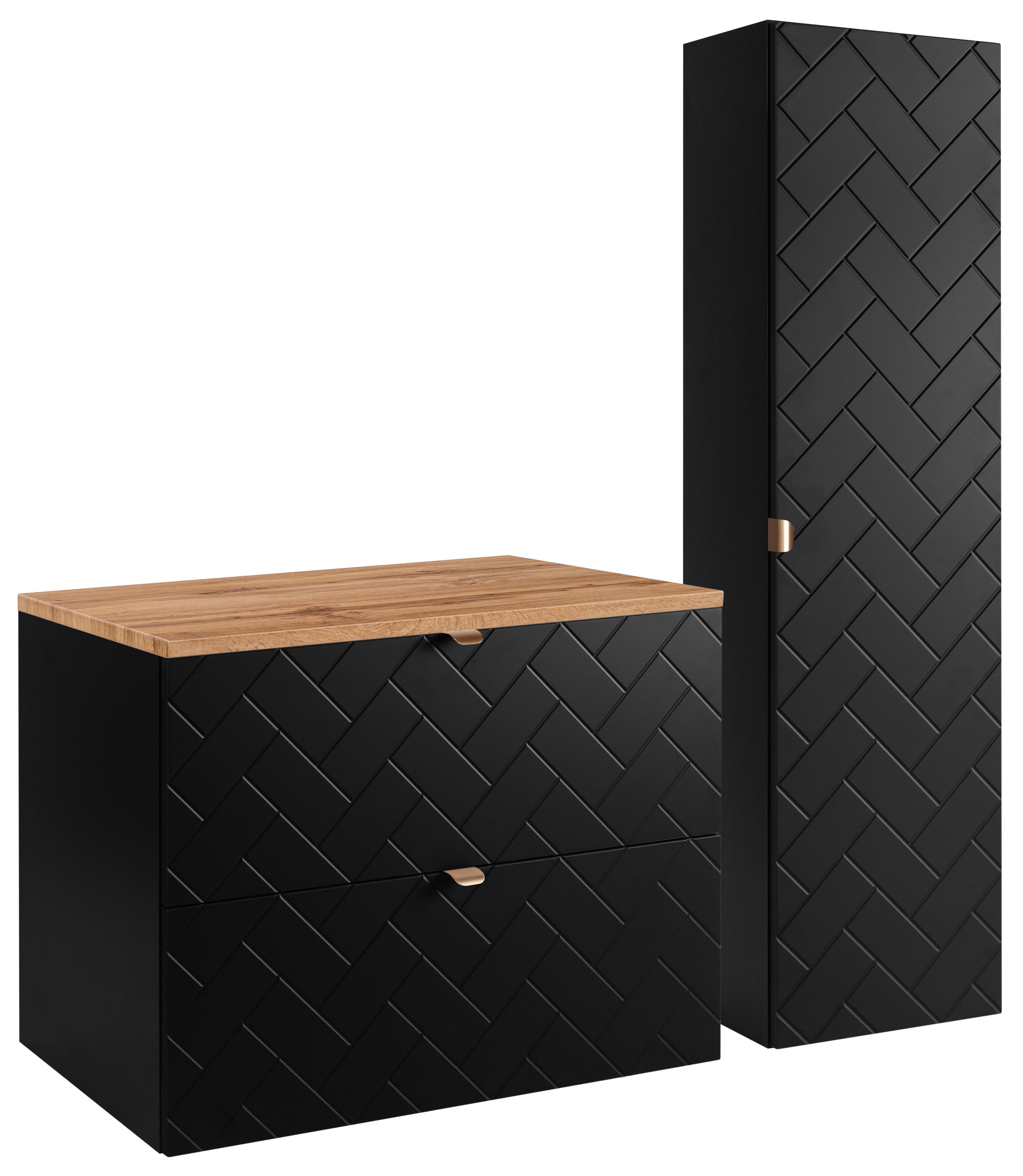 Czarny zestaw mebli łazienkowych MADIS szafka 80 cm z blatem dąb wotan i słupkiem ryflowany