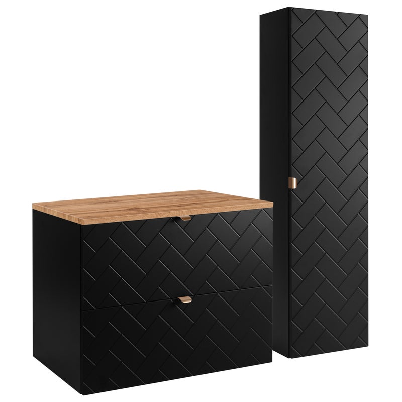 Czarny zestaw mebli łazienkowych MADIS szafka 80 cm z blatem dąb wotan i słupkiem ryflowany