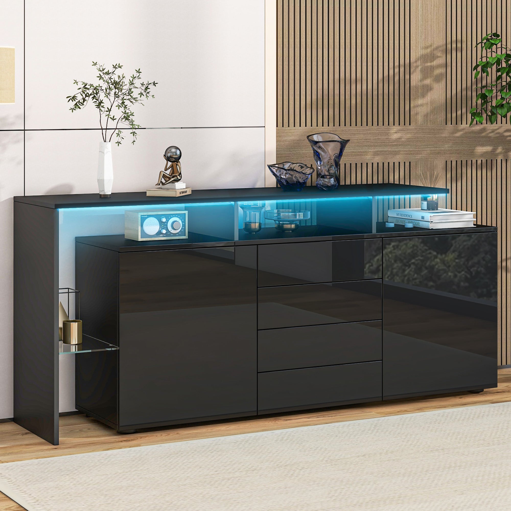 Buffet 160x35x70cm - z oświetleniem LED - 4 szuflady i 2 fronty - Błyszczące wykończenie - Płyty wiórowe - Czarny - 4