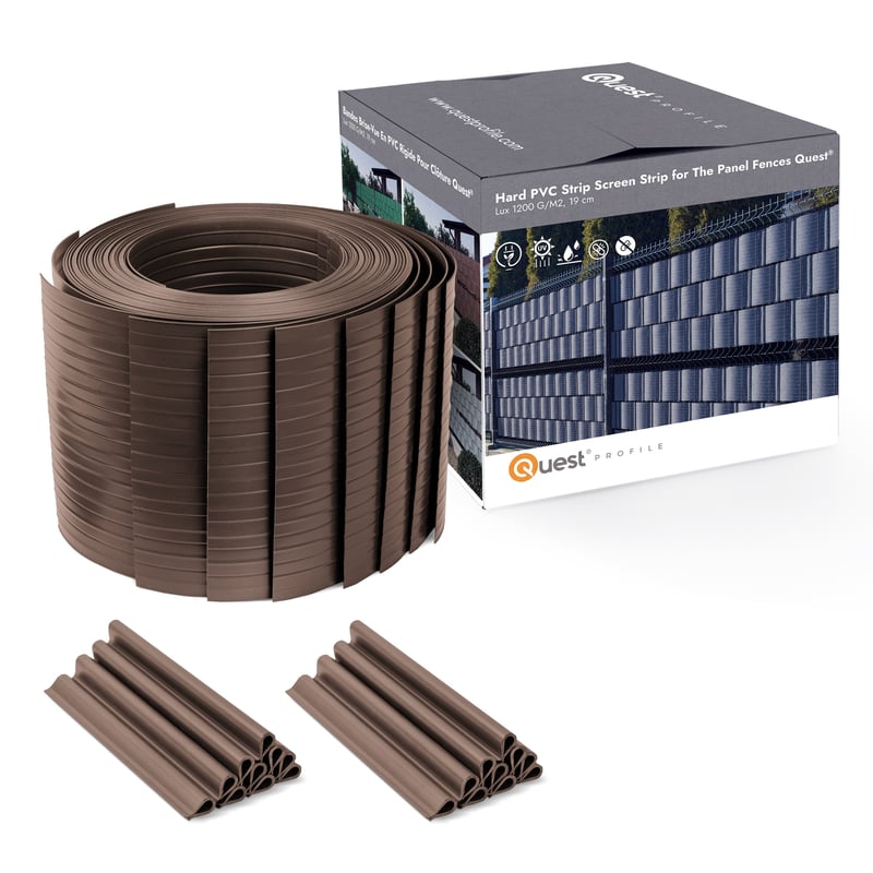 QUEST Taśma ogrodzeniowa PCV 19cm, listwa do ogrodzeń panelowych premium, 900 g/m2, RAL 8017, brąz, 10 x 2,525 + 20 x klipsy