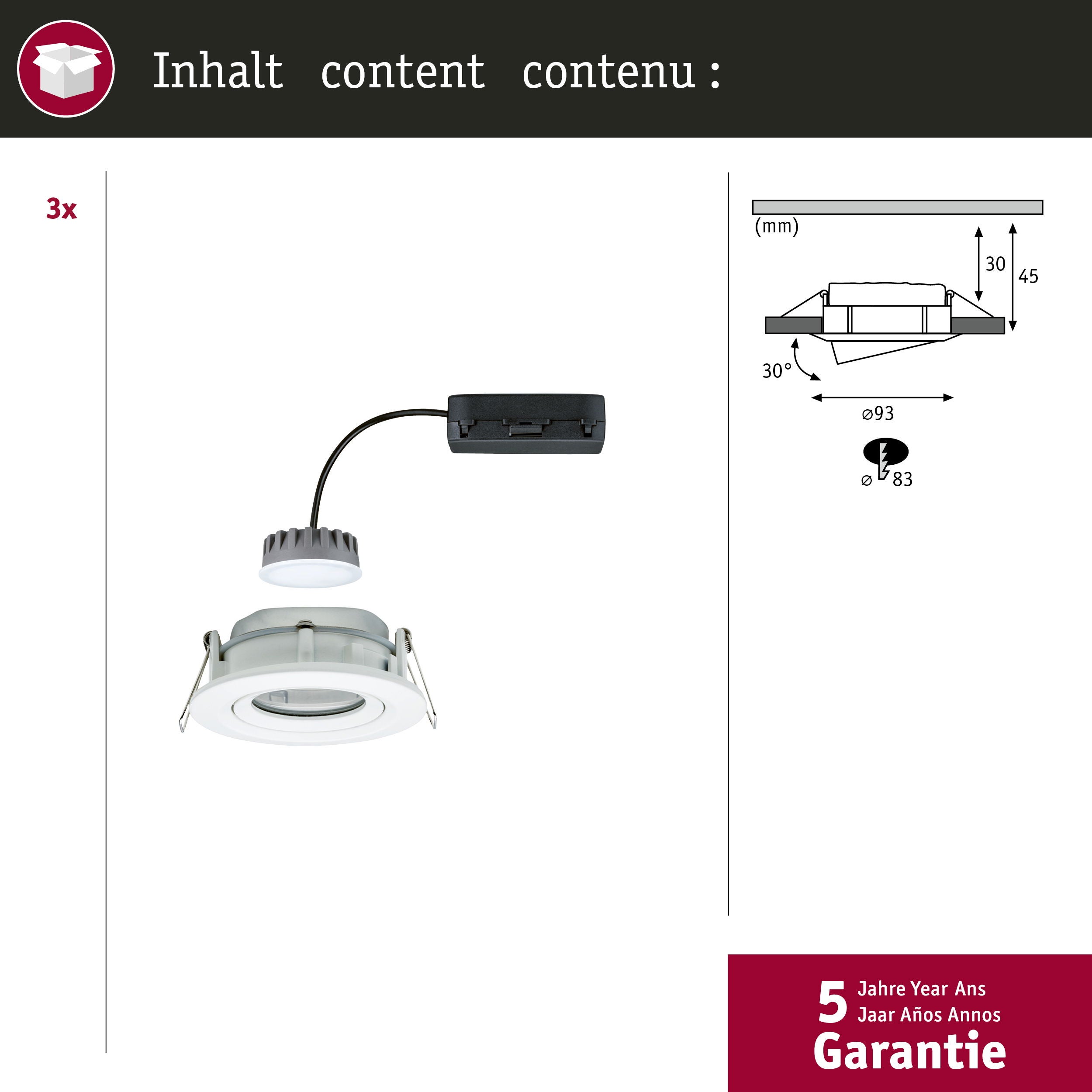 Spot encastré LED Nova Plus Coin Kit de base orientable IP65 rond 93 mm 30° Coin 3x6W 3x470lm 230V gradable 2700K Blanc dépoli - 4