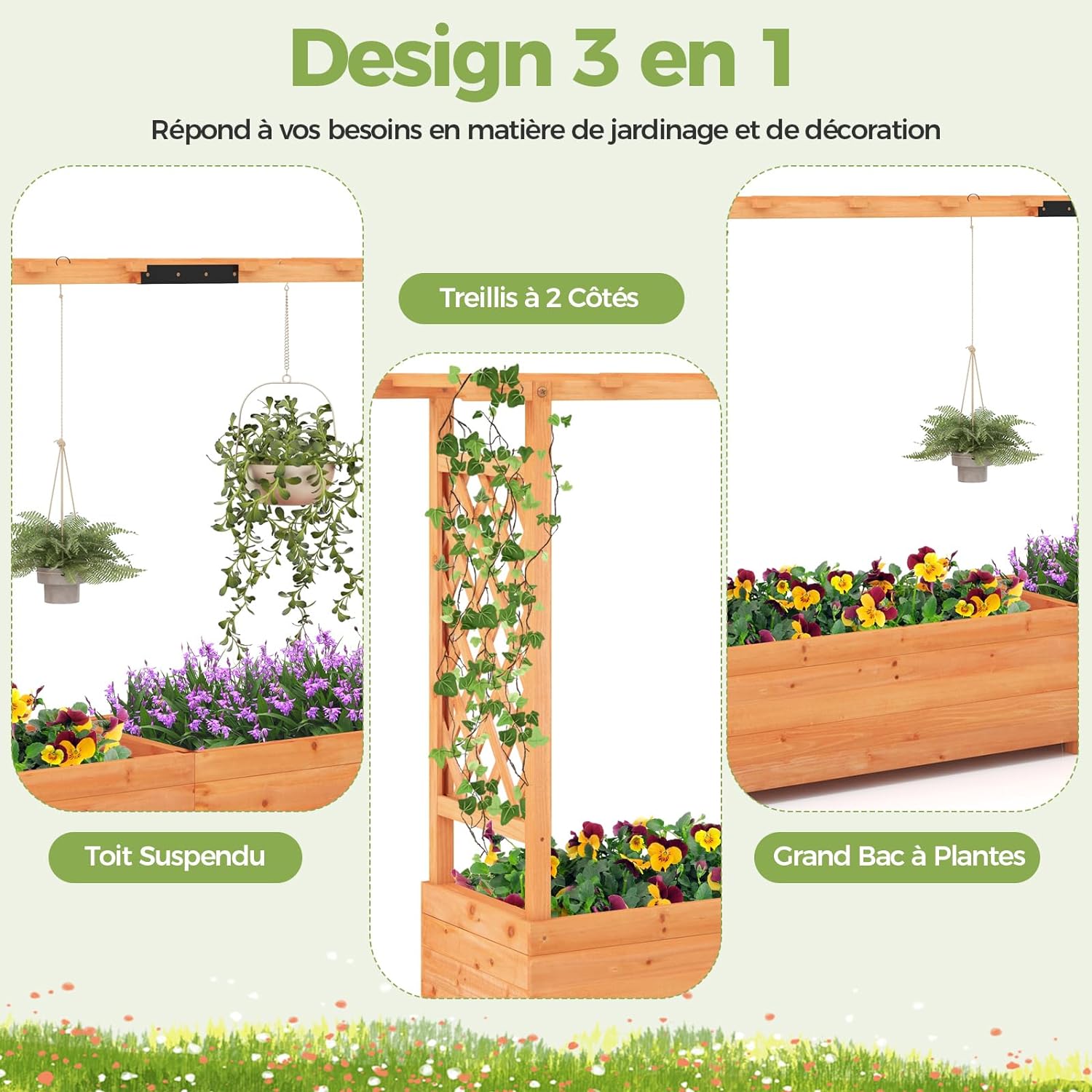 Jardinière Surélevée avec Treillis, Lit de Jardin en Bois avec Toit Suspendu, Trous de Drainage, 200x44x114cm - 3