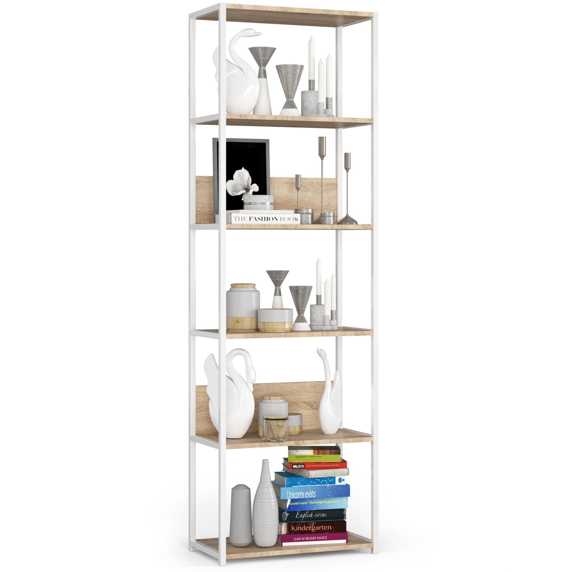 Regał loft AKORD metalowy Biały 60 cm kolor Dąb Sonoma mat 6 półek 60x32x192 cm