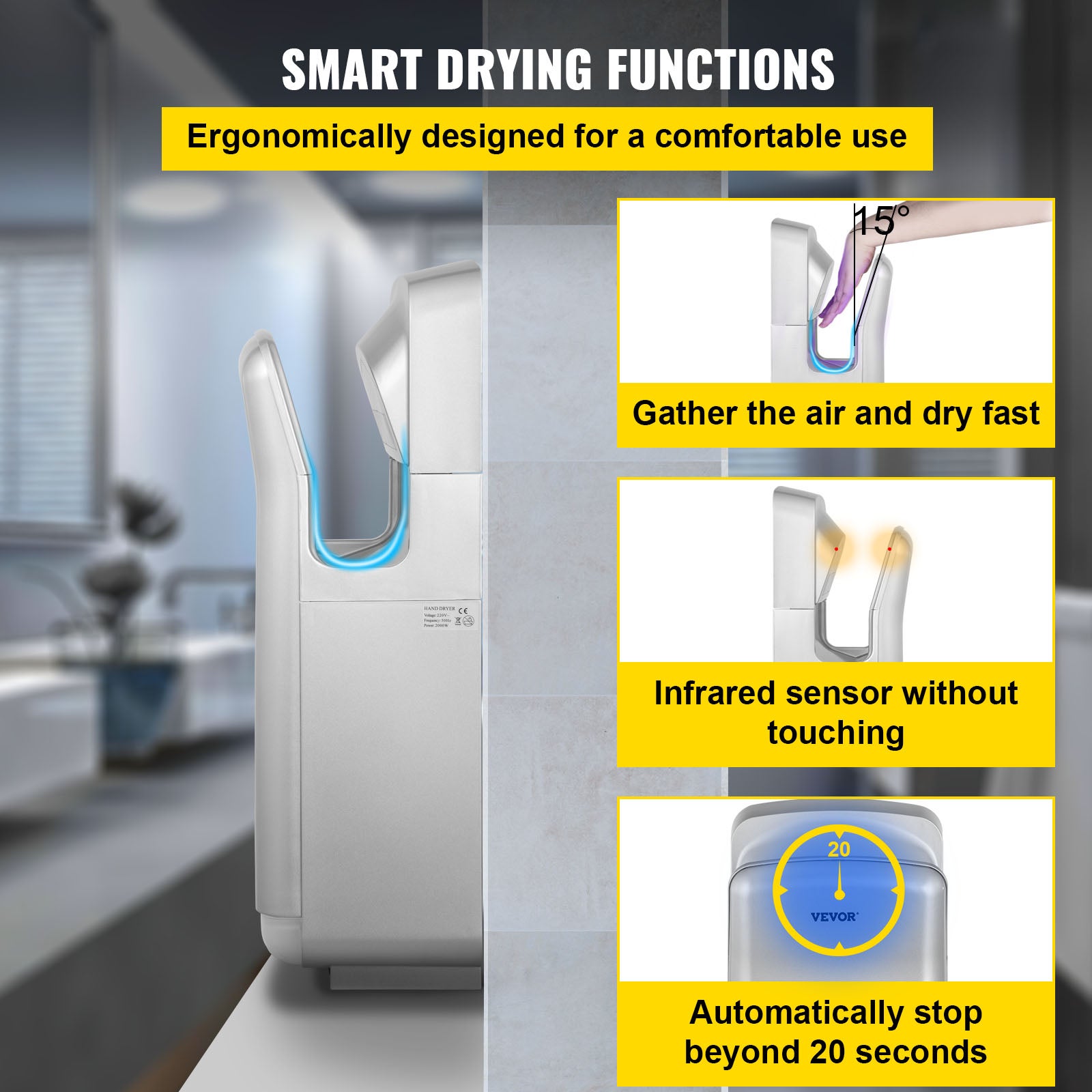 Sèche-Mains Automatique VEVOR 2000W Sèche Main Air Pulsé électrique Commercial ABS Super Puissant Filtration HEPA 43℃ Moteur à Balais Carbone Argent - 5