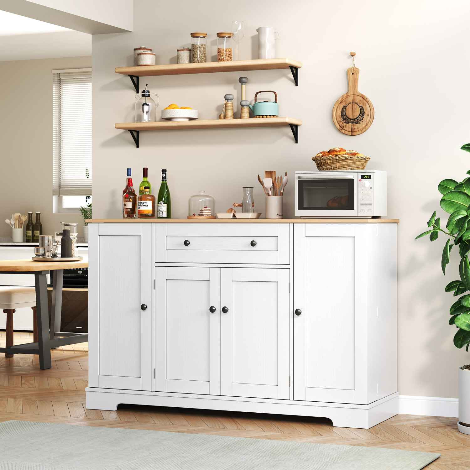 138 cm Wielofunkcyjna szafka kuchenna z szufladą, drzwiami i regulowanymi półkami – nowoczesny design, bezpieczny do kuchni i salonu