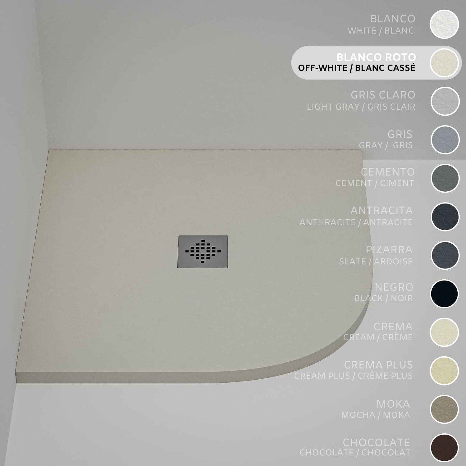 Brodzik półokrągły SOULHOME Żywica i Konglomerat Mineralny Antypoślizgowy 90x90 cm Brudna Biel - Kratka Inox