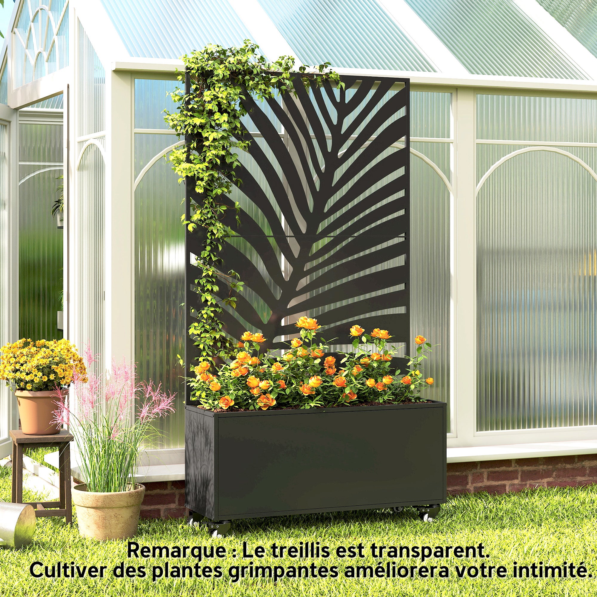 Jardinière avec treillis - Outsunny - avec brise-vue et roulettes verrouillables - pour plantes grimpantes - 90 x 30 x 160 cm, noir - 8
