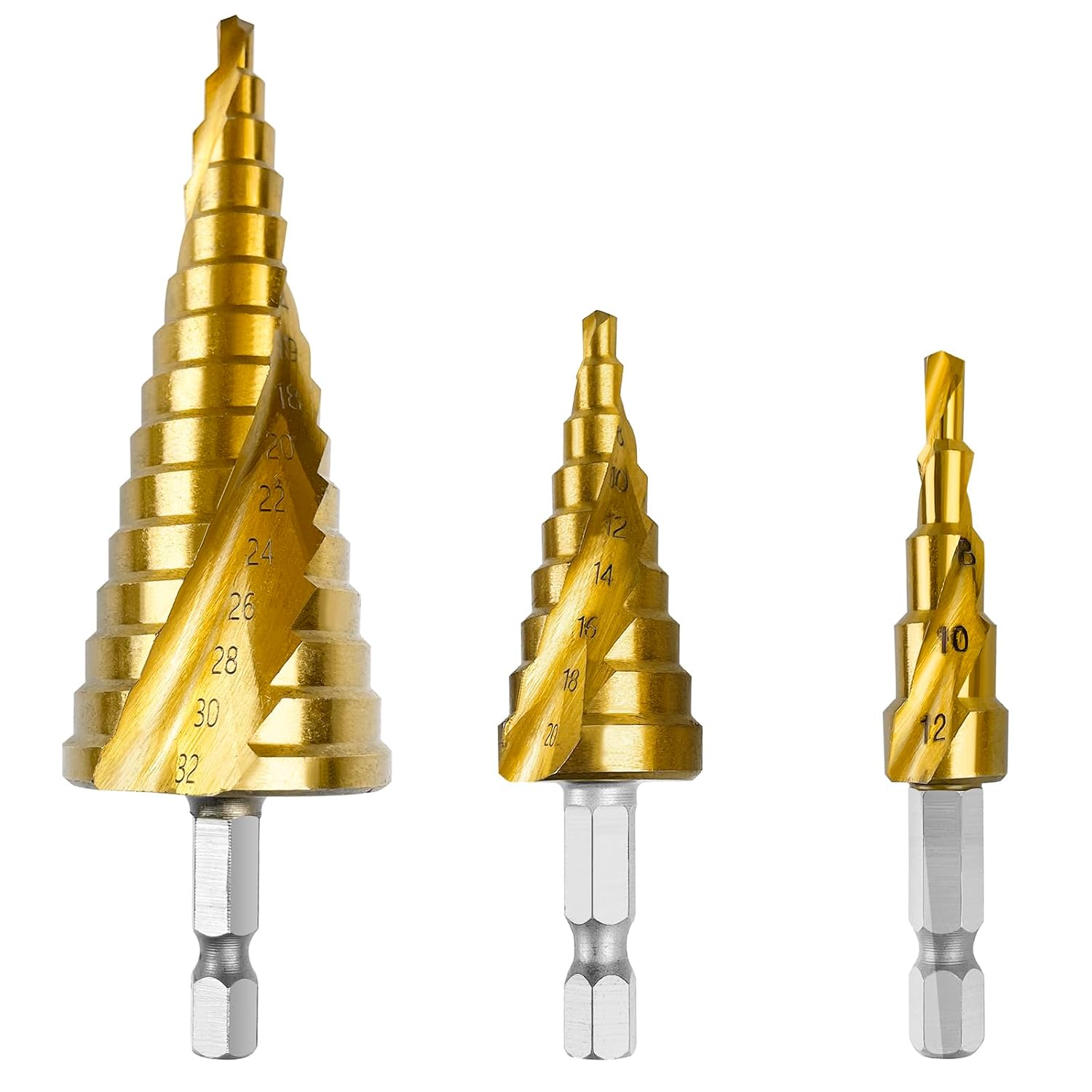 Zestaw 3 wierteł stopniowych, wiertło stożkowe HSS 4-12 mm/4-20 mm/4-32 mm z powłoką tytanową, wiertło stalowe z podwójnym rowkiem do metalu