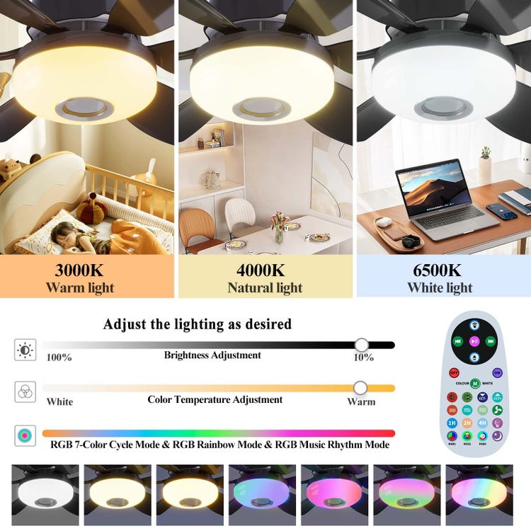 Ventilador de Teto com Lâmpada LED E27 Preto,3CCT/3RGB Com Comando ...