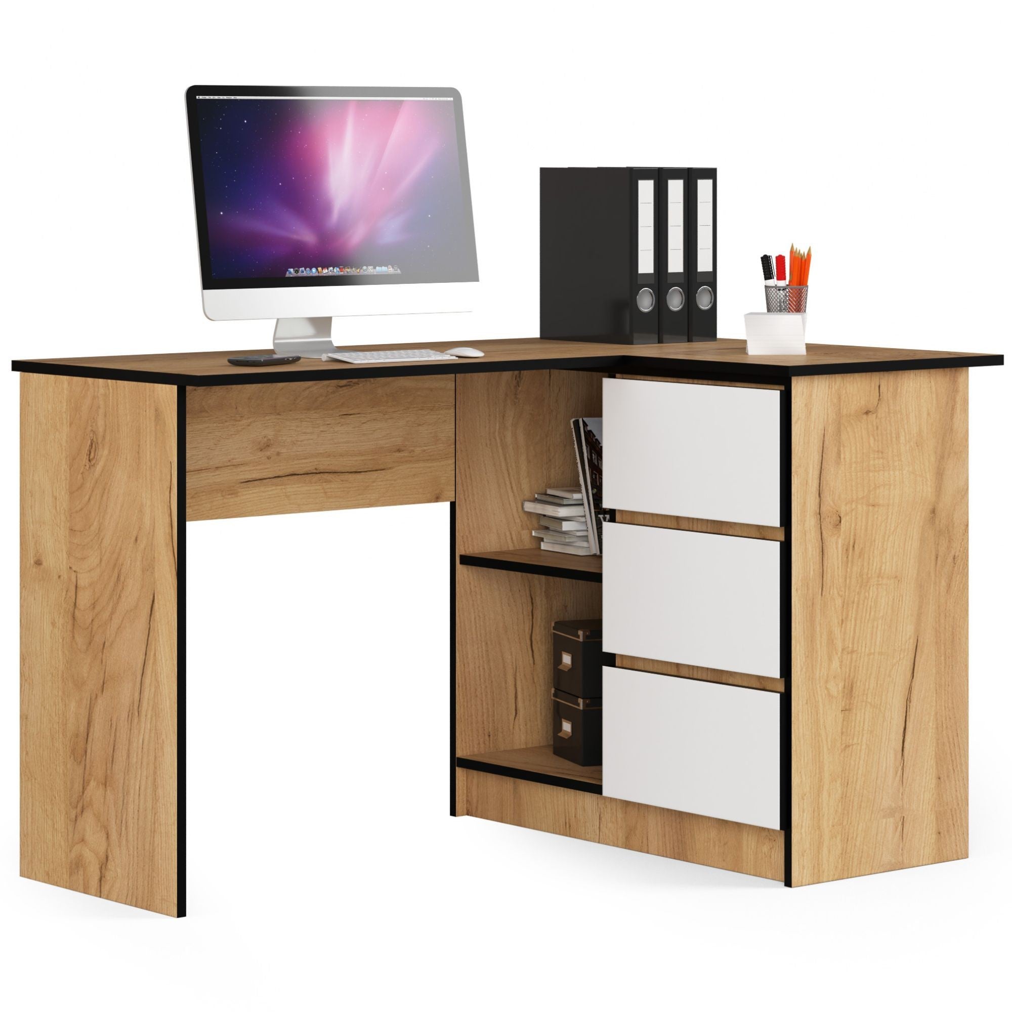 Biurko narożne AKORD B16 Dąb Craft 124 cm prawe 3 szuflady kolor Biały mat 2 półki 124x85x77 cm
