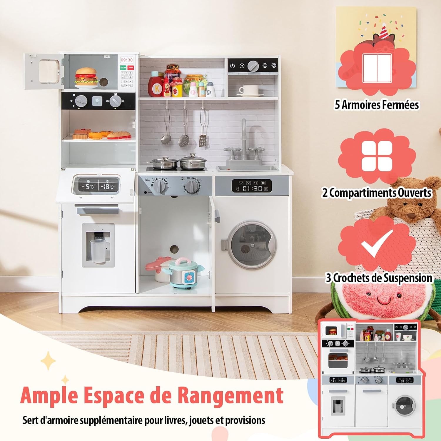 Cuisine Enfant avec Distributeur d’Eau & Machine à Laver, Cuisiniere Enfant avec Lumière & Effet Sonore,Micro-Ondes & Cafetière,Jeu de Cuisine - 7