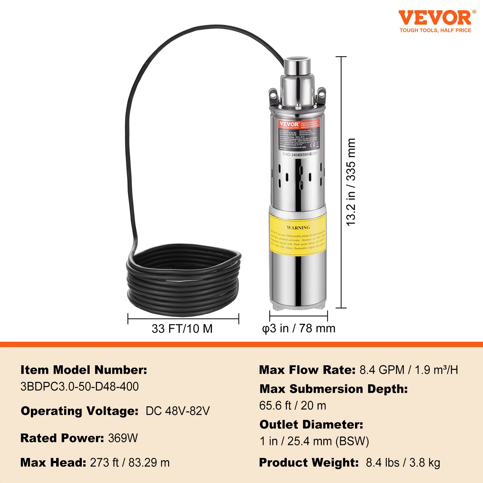 Pompe à Eau Solaire 48V - Submersible Pour Puits Profond, 280W, 60m De Hauteur, Débit 16L/min, Neuve