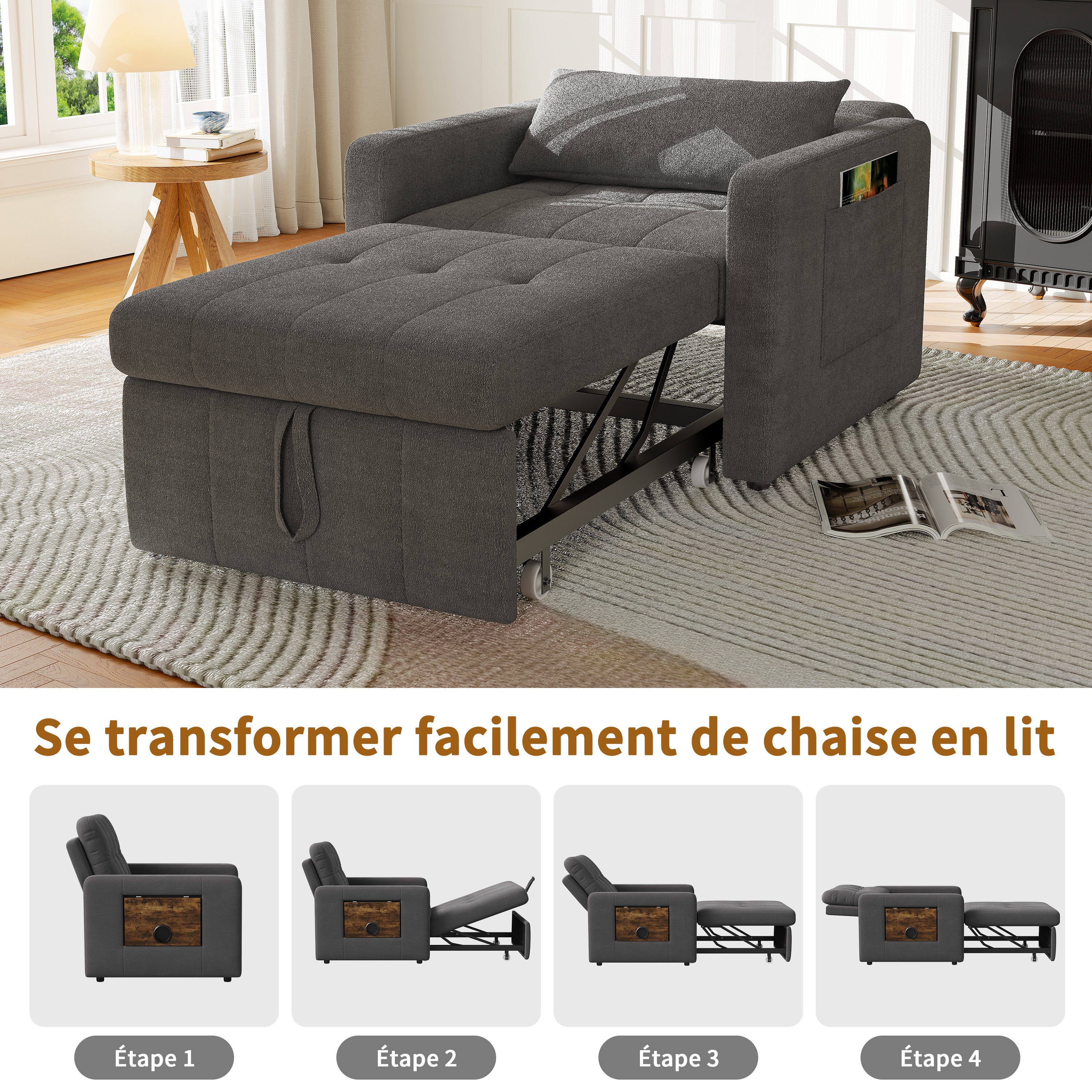 Canapé-lit 1 place pliant - fauteuil - dossier réglable, avec table d'appoint rabattable et poches latérales, tissu chenille - gris - 5