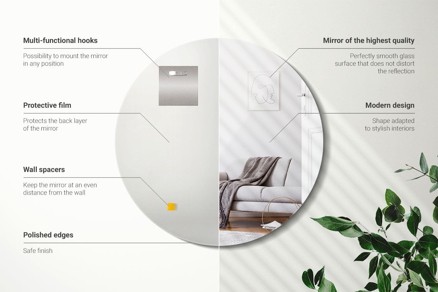 Specchio grande rotondo decorativo, design pulito per interni moderni 90 cm, ArtPrintCave - 3