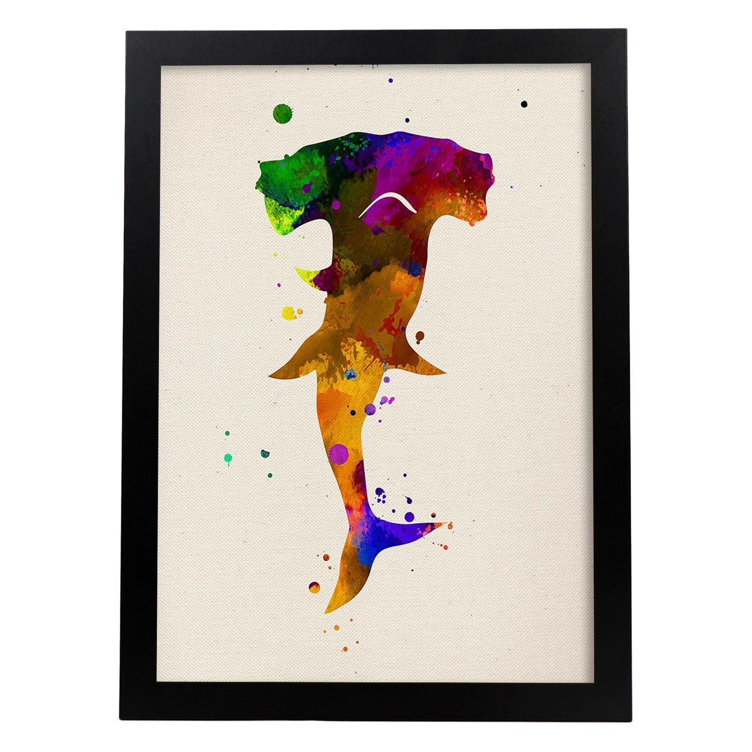 Posters de animales marinos con diseno acuarela. lamina tiburon martillo, impresa con textura acuarela, para marco madera clara - a3