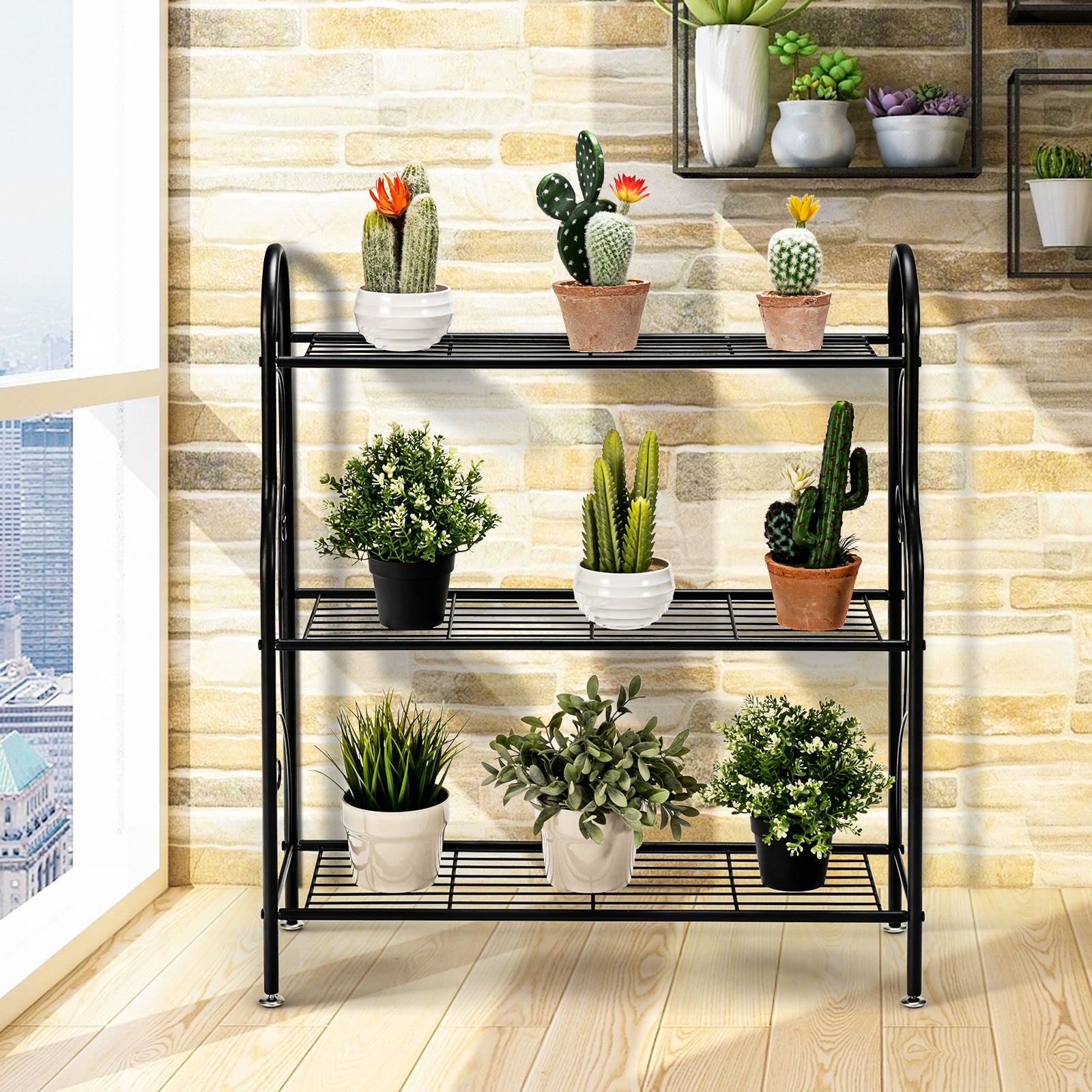 Support de Plantes à 3 Niveaux en Métal, Étagère de Rangement Multifonctionnelle avec Motif Élégant, Support pour Pots de Fleurs, 72 x 25 x 85 cm - 3