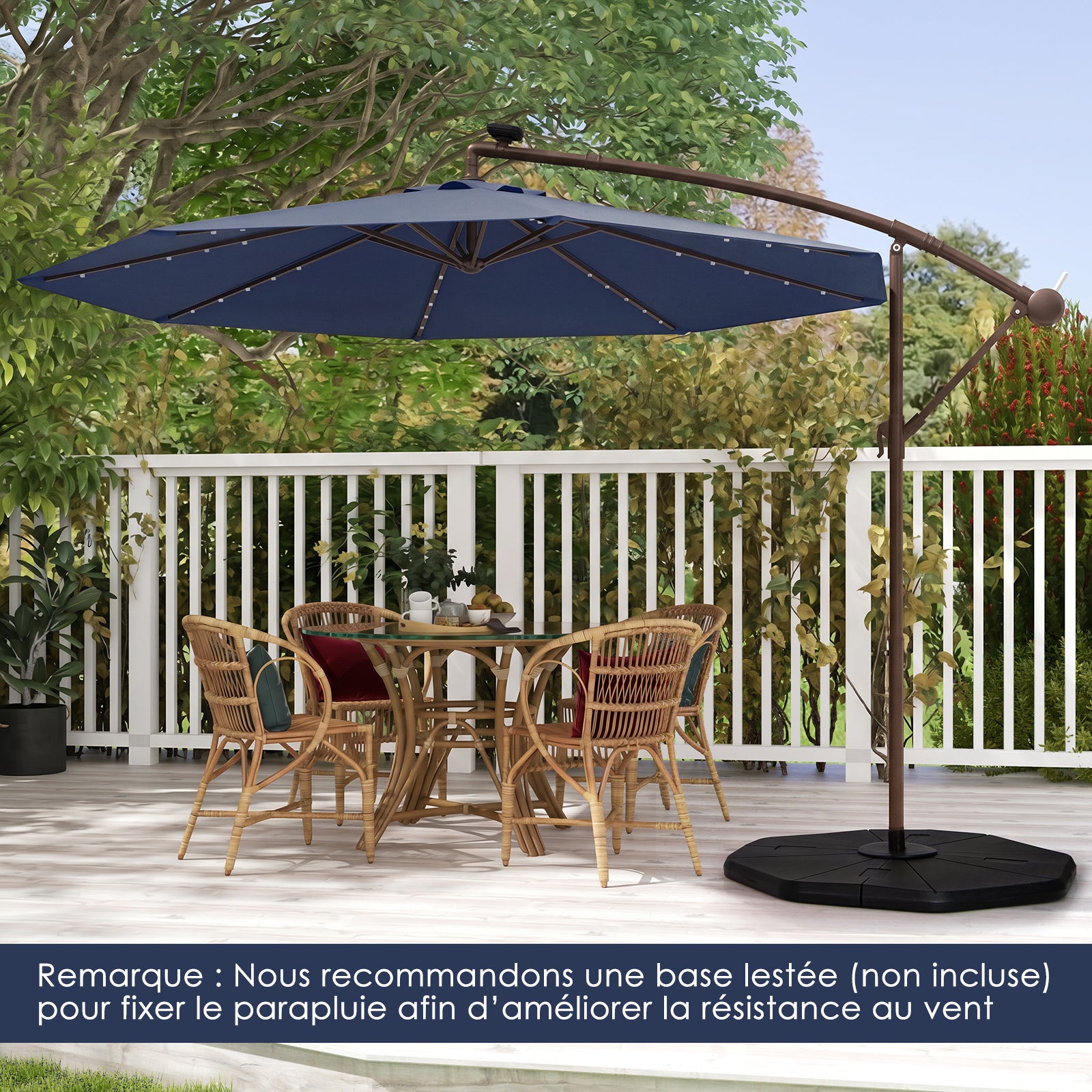 3M Parasol Déporté avec Lumière LED, Parasol de Jardin Extérieur 8 Baleines avec Base Croisée, Grand Parasol Inclinable avec Manivelle (Bleu Marine) - 3