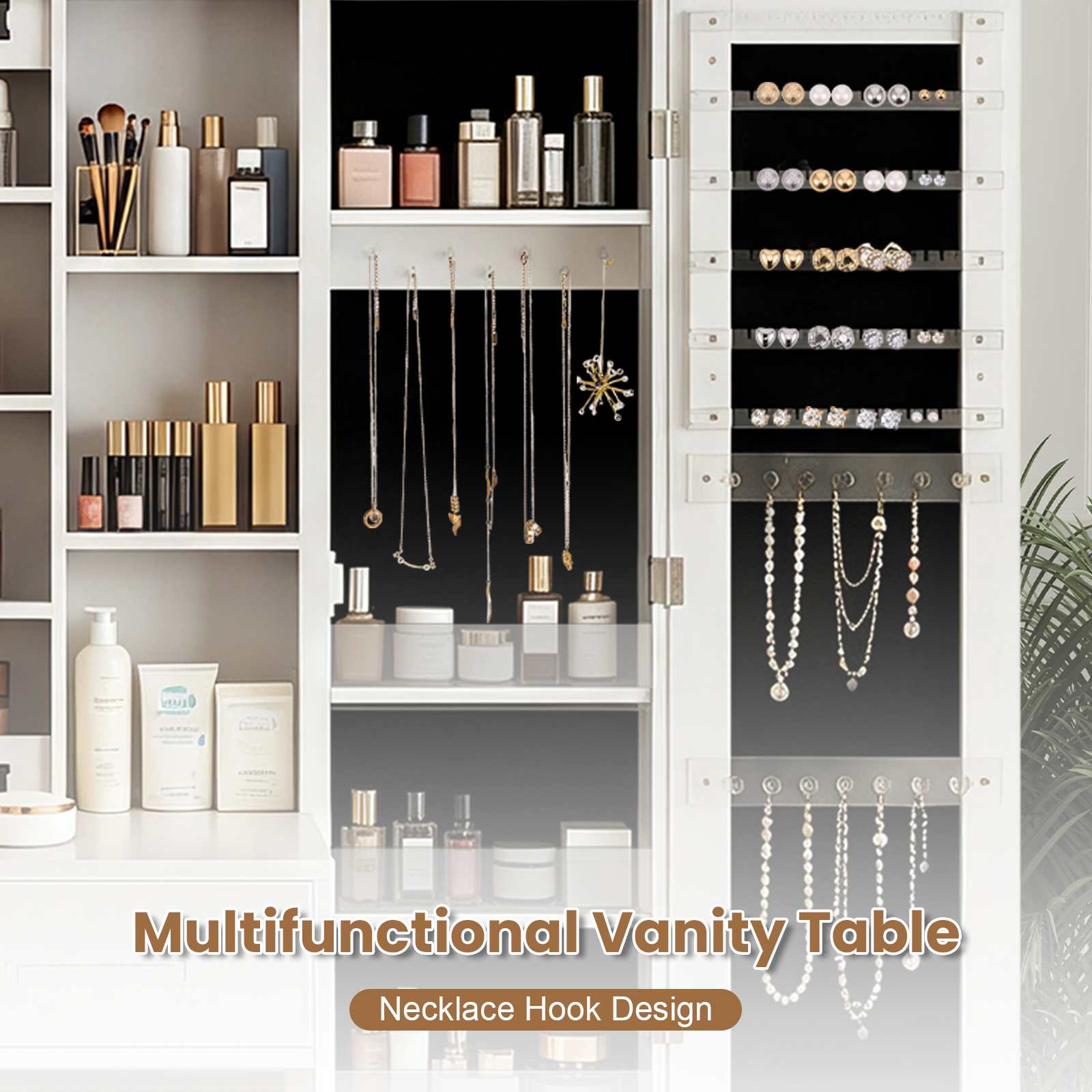 Coiffeuse multifonction avec miroir LED coulissant, rangement bijoux intégré, 5 tiroirs et tabouret rembourré - 6