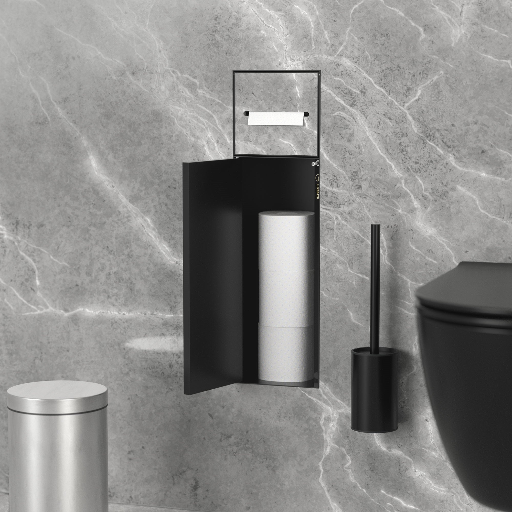 LuxeBath moduł szafki podtynkowej ze stali nierdzewnej czarny 60x20x14 cm wnęka łazienkowa z uchwytem na papier i szczotką WC wyłożona płytkami