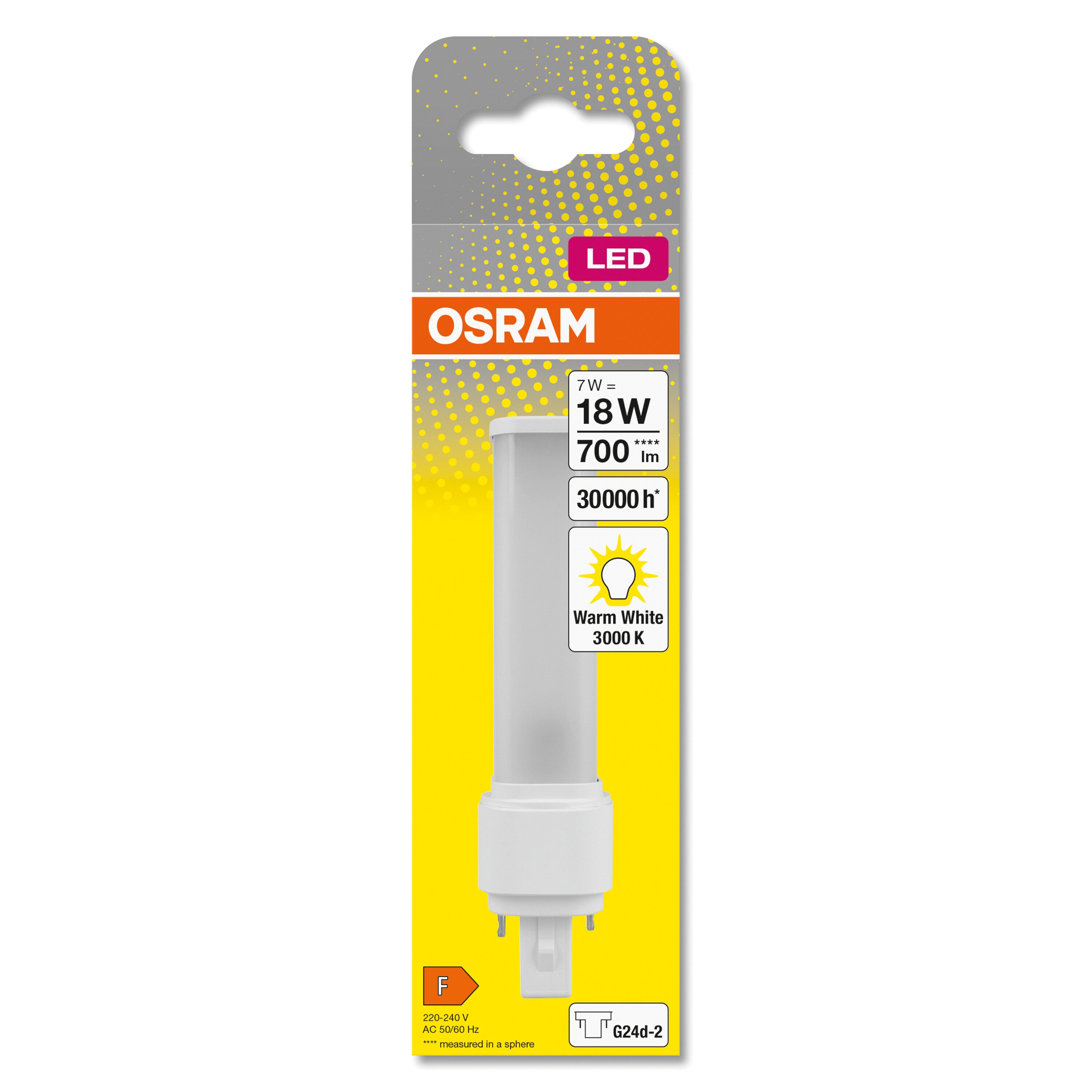 OSRAM DULUX D 18 Ampoule LED pour culot G24D-2, 7 watt, 640 lumen, blanc chaud (3000K), orientable, en remplacement de l'ampoule Dulux conventionnelle - 2