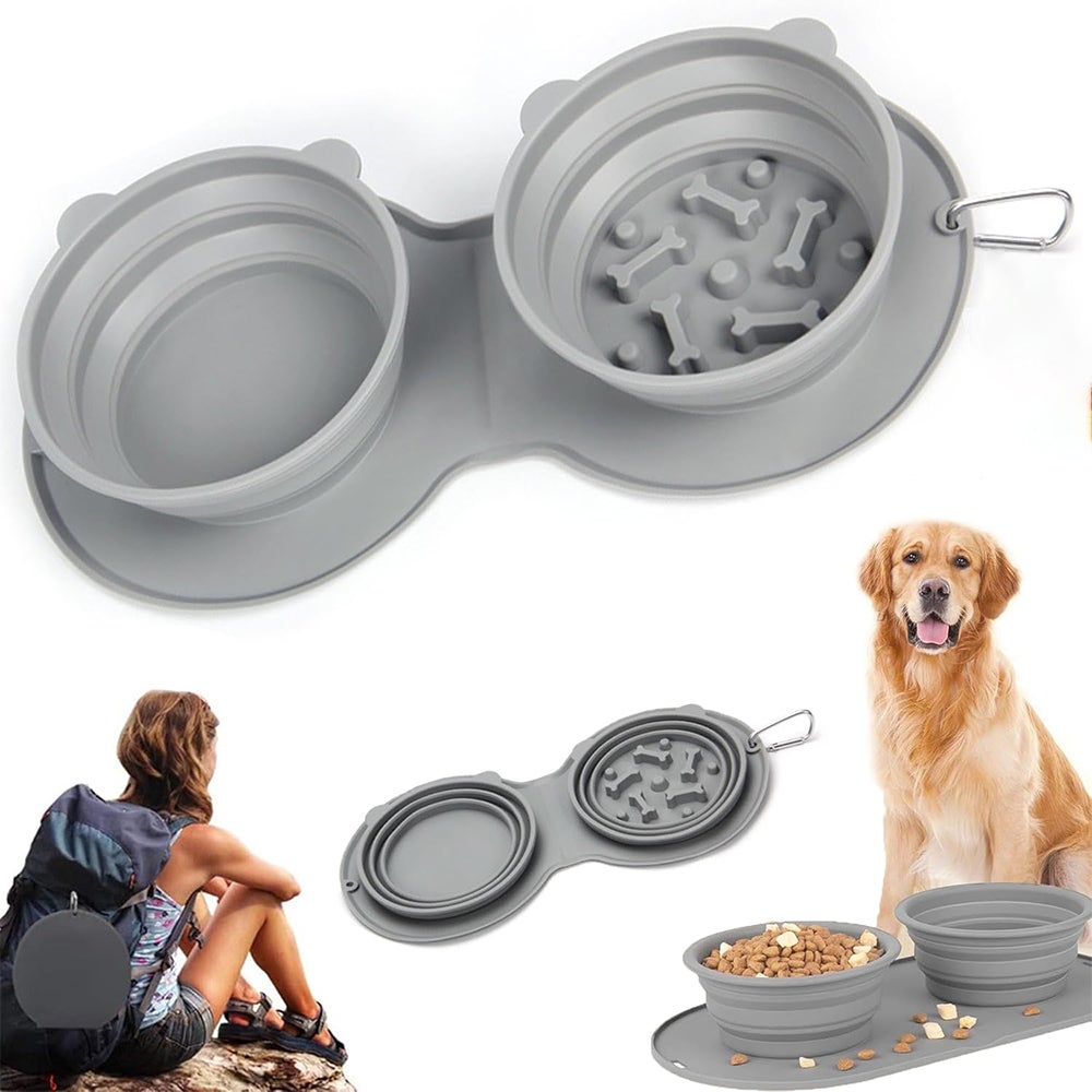 Składana silikonowa miska dla psa i kota – podwójnie składana, zapobiegająca połykaniu, do podróży, na zewnątrz, na piesze wędrówki