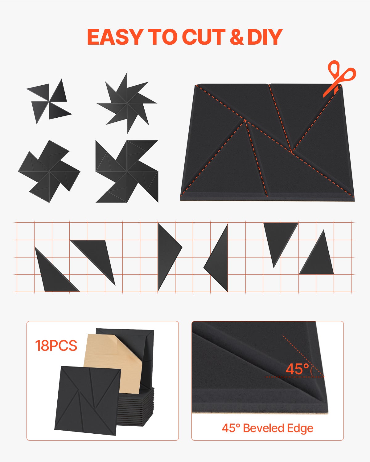 Panneau Acoustique VEVOR, Lot 18, Mousse Acoustique Mural Autocollant 30x30x1 cm, en Fibre Polyester Haute Densité, pour Maison, Studio, Bureau, Noir - 6