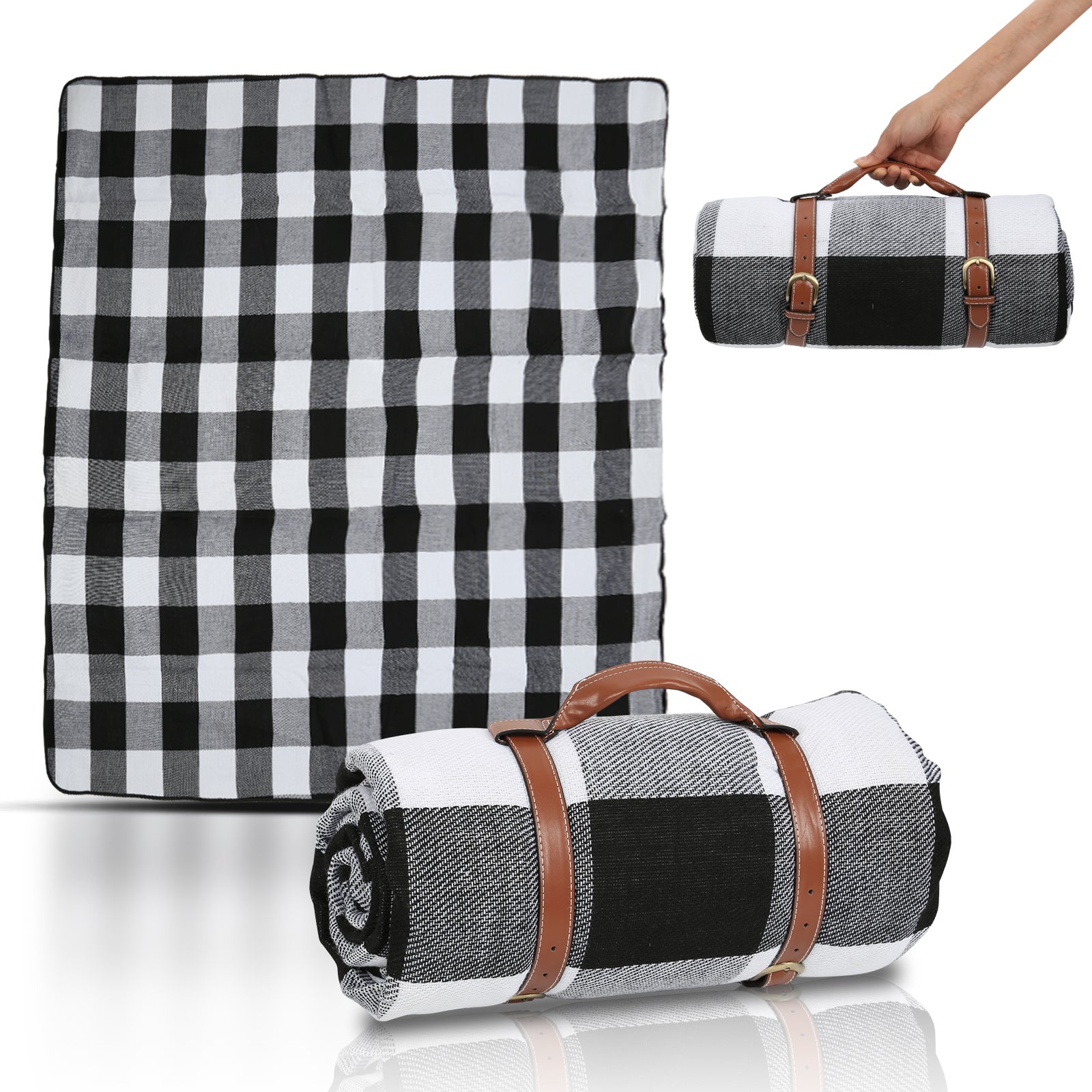 Manta picnic, manta picnic impermeable 200x200, grande manta de picnic plegable apta para hacer senderismo, ir de acampada, viajar, cuadros negro