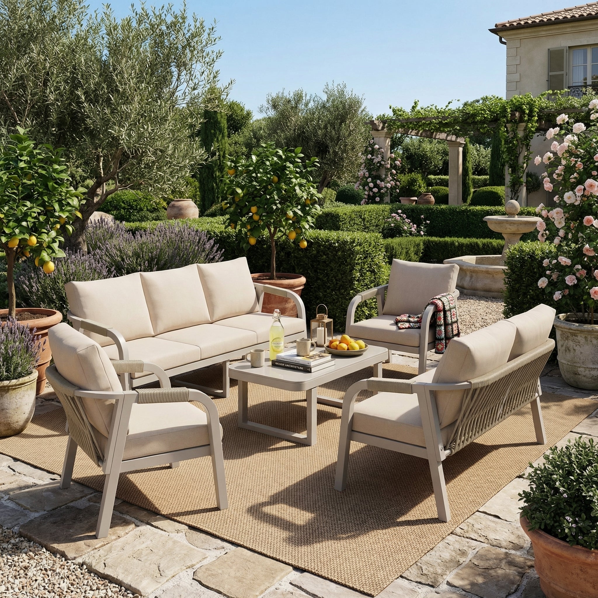Salon de jardin 7 places avec en fer galvanisé - Canapé 3 places + canapé 2 places + 2 fauteuils + table basse en verre - 172 x 69,5 x 76 cm - Beige - 4