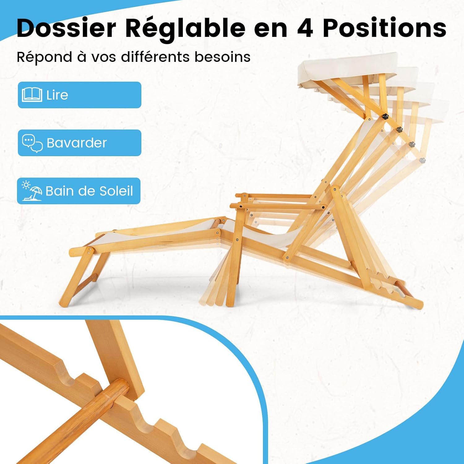 Sedia a Sdraio in Legno di Betulla, Lettino Prendisole da Giardino, Sedia da Spiaggia Pieghevole con Cappottina Regolabile e Rimovibile, Schie - 5