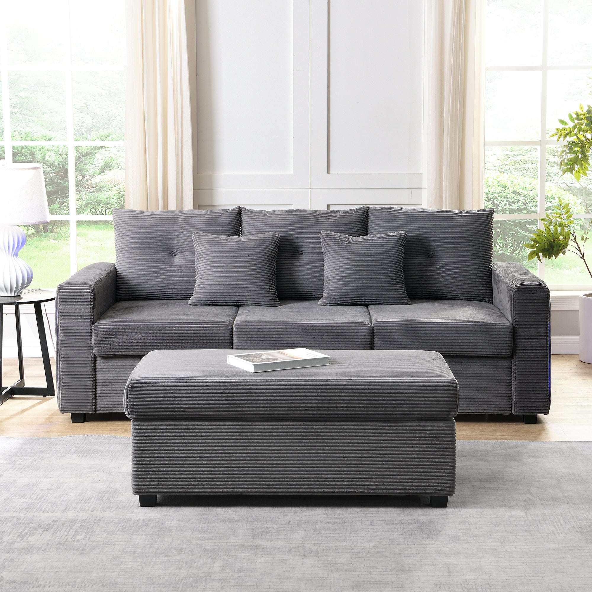 Canapé 3 places avec pouf amovible - 184 x 84.5 x 85.5 cm - Tissu en velours côtelé - LEDs - Gris antique - 2