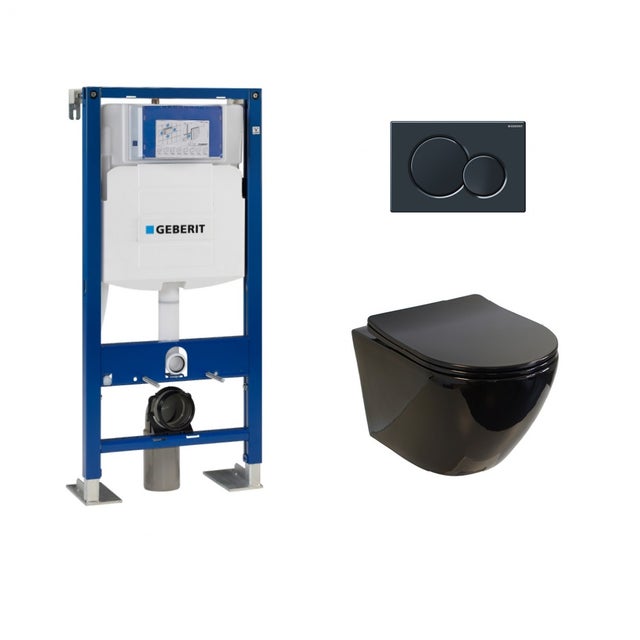 Pack Geberit UP320 + Cuvette sans bride KELOS Flush Noir Brillant + Plaque Sigma Noir