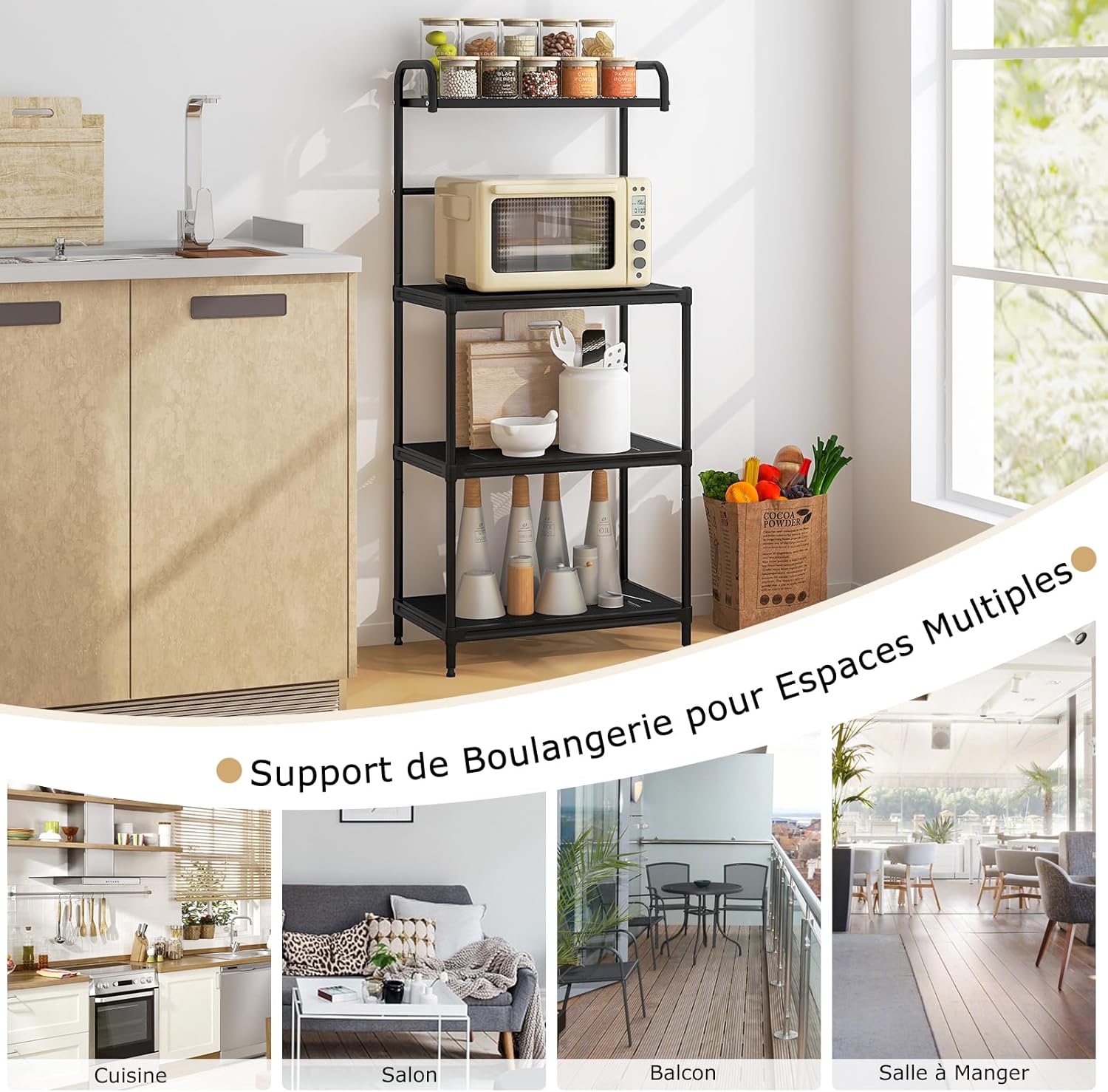 Étagère de Cuisine sur Pieds en Fer, Support de Rangement pour Four à Micro-Ondes de 4 Couches en Maille, Rack de Cuisine Métalliques (Noir) - 7