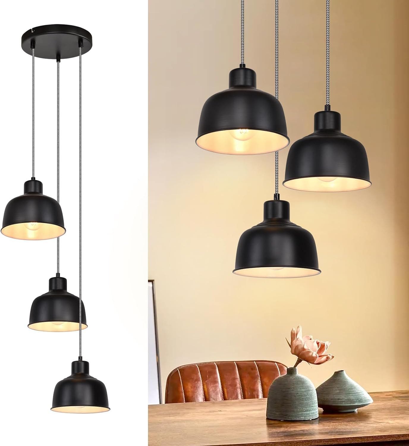 ZMH Czarna metalowa lampa wisząca w stylu retro industrialnym z 3 żarówkami, średnica 17,8 cm, gwint E27, do jadalni