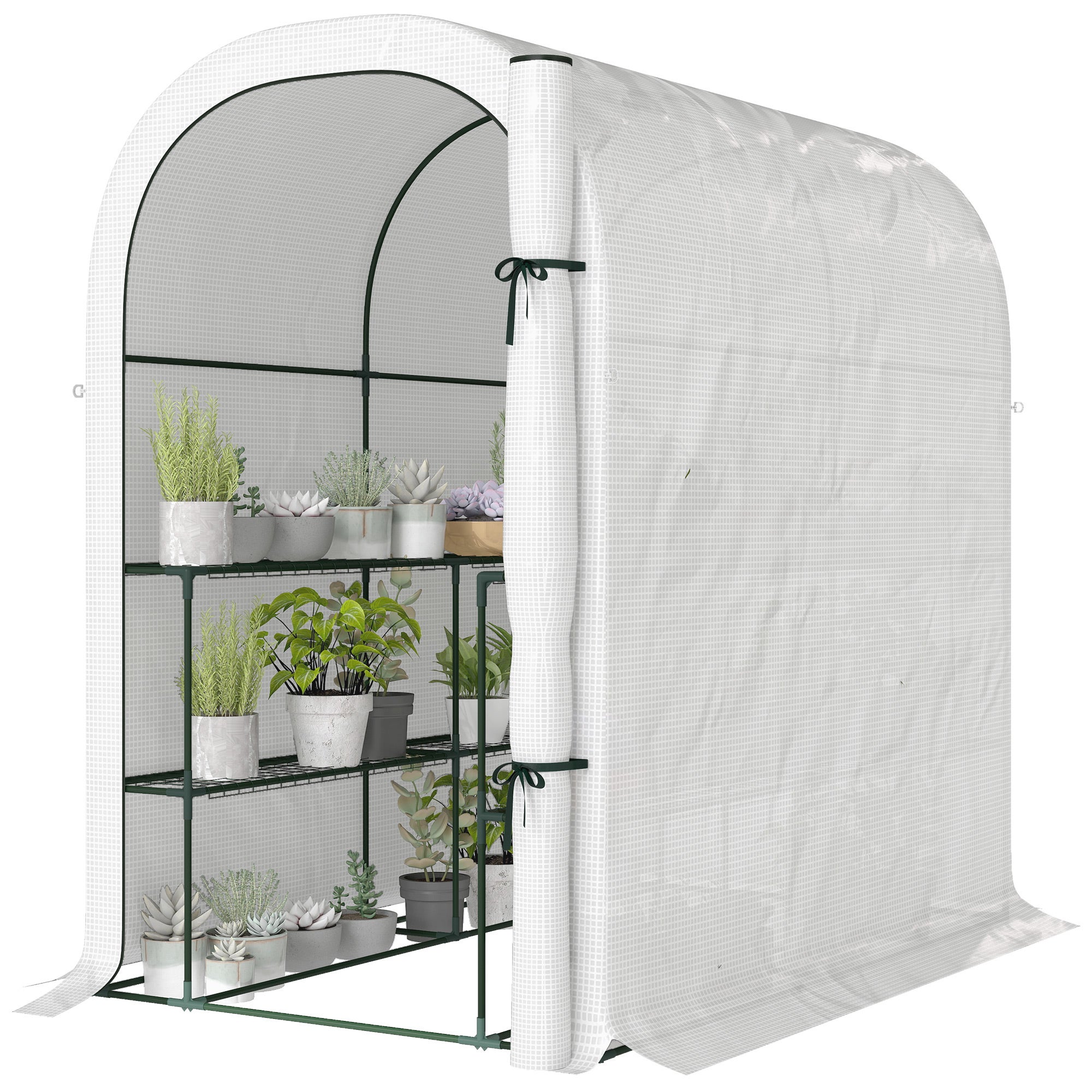 Serre de jardin avec étagères, 123x187x189cm, petite serre avec porte enroulable, bâche PE haute densité 140 g/m², blanc - 2