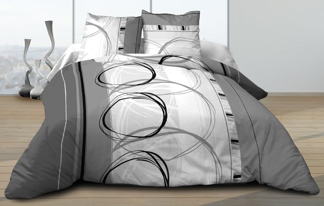 Parure Drap plat + drap-housse 140x190 + 2 T - Pur Coton 57 Fils - Roue L Gris