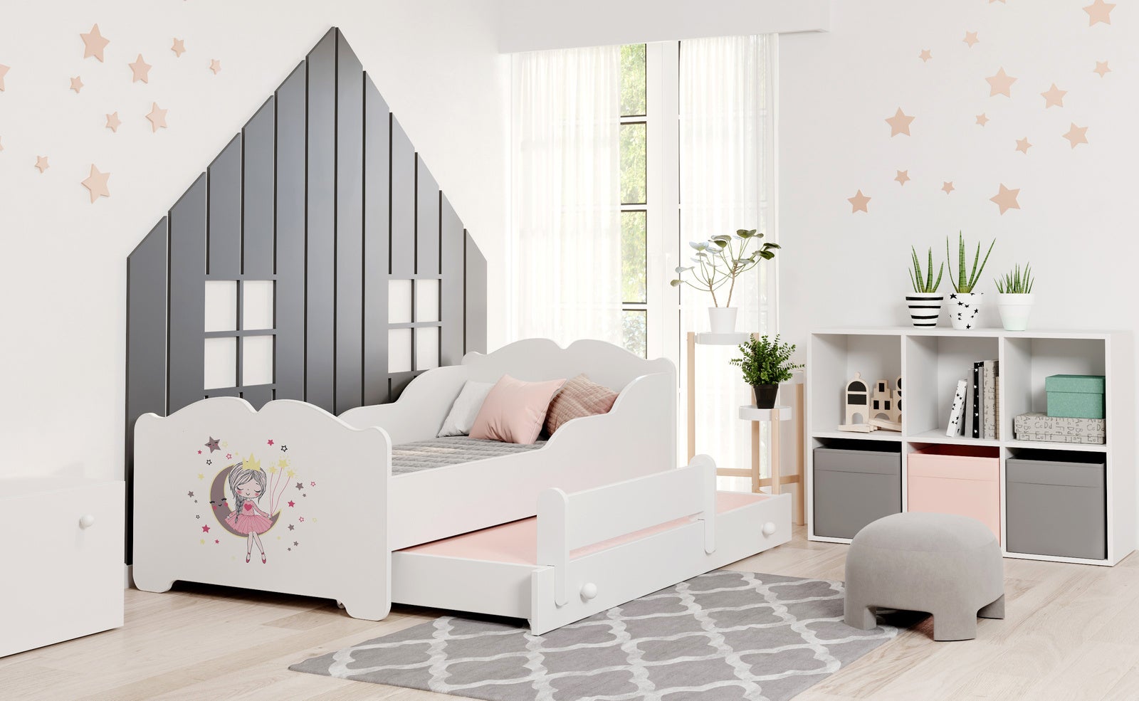Łóżko wysuwane dziecięce 160x80 cm z dolnym łóżkiem 145x80 cm – Motyw śpiącej królewny, solidna konstrukcja z 2 materacami w zestawie