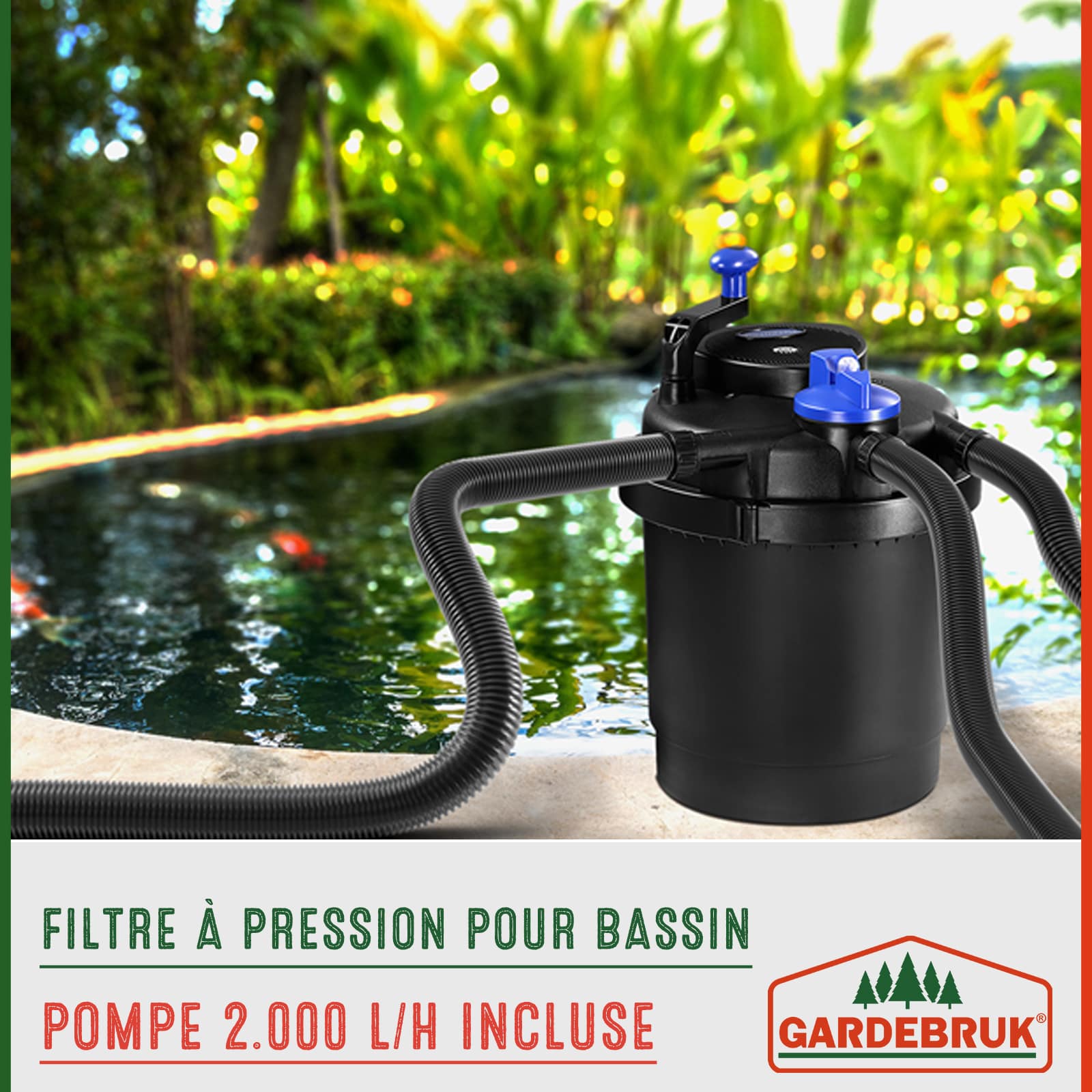 GARDEBRUK® Filtre de bassin à pression avec pompe 16L set complet 2000 L/h 11W lampe UVC fonction dérivation bypass filtre UV-C intégré étang mare - 5